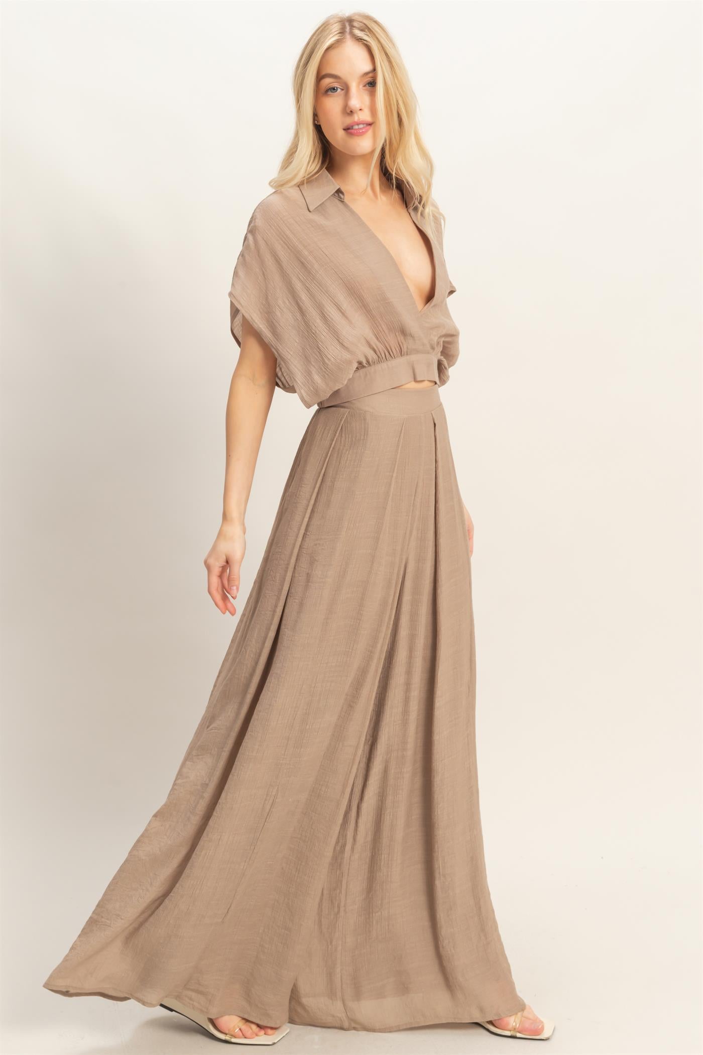 Wholesale Collared Wrap Top & Wide-Leg Pants Set Clothing HF26C286-SET-D LIGHT MOCHA HYFVE