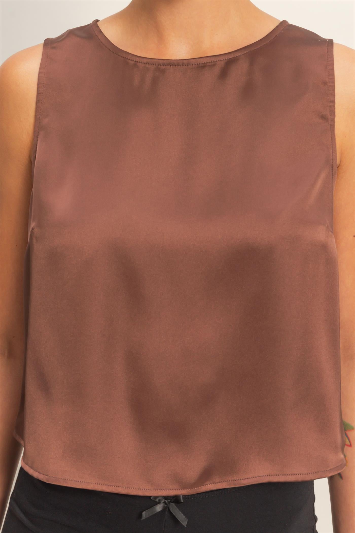 Wholesale Satin Sleeveless Round Neck Top With Back Keyhole Clothing Tops DZ26C084 CHOCOLATE DOUBLE ZERO