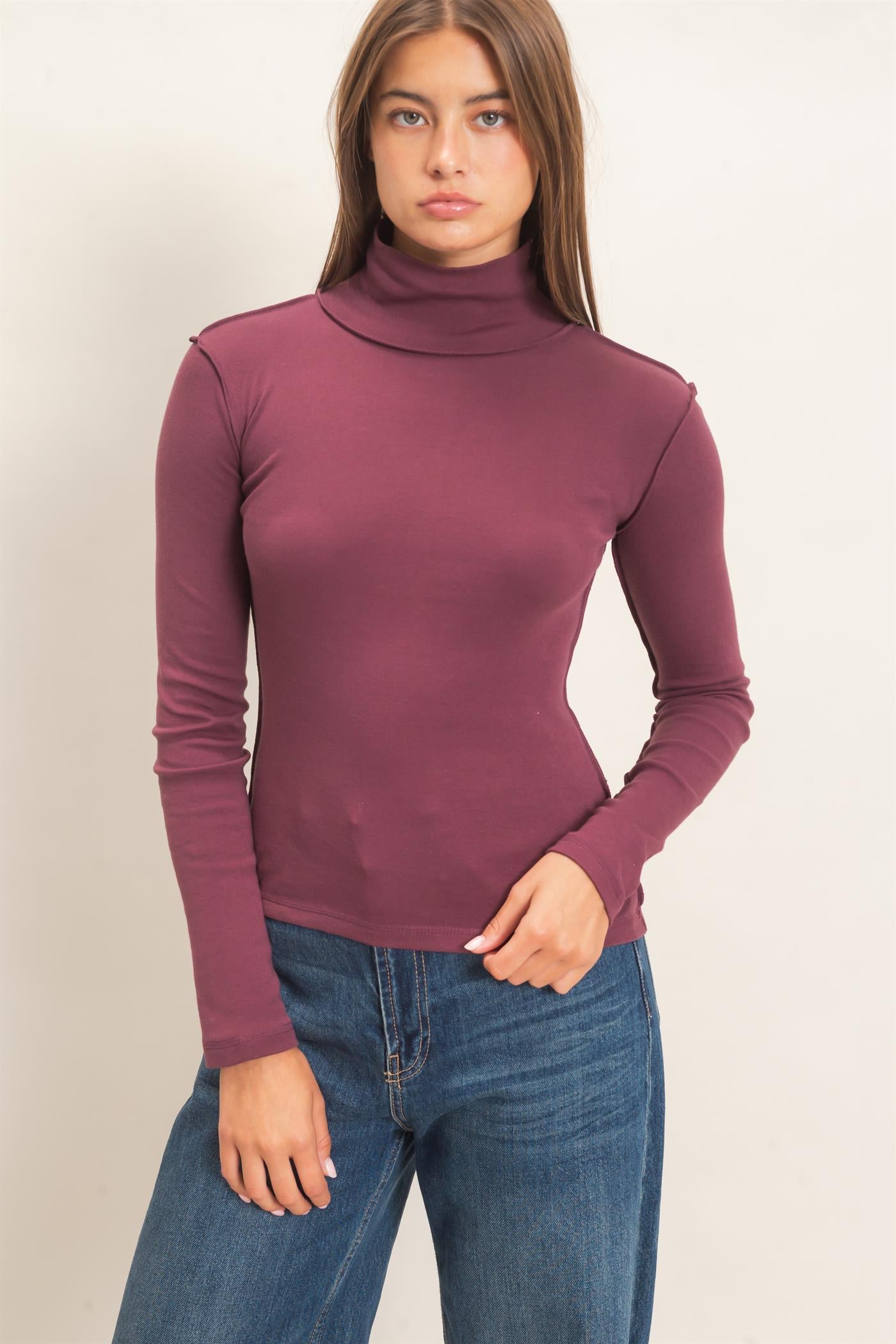 Wholesale Turtleneck Exposed Seam Long Sleeve Top Clothing Tops DZ26F241 DARK CHERRY HYFVE