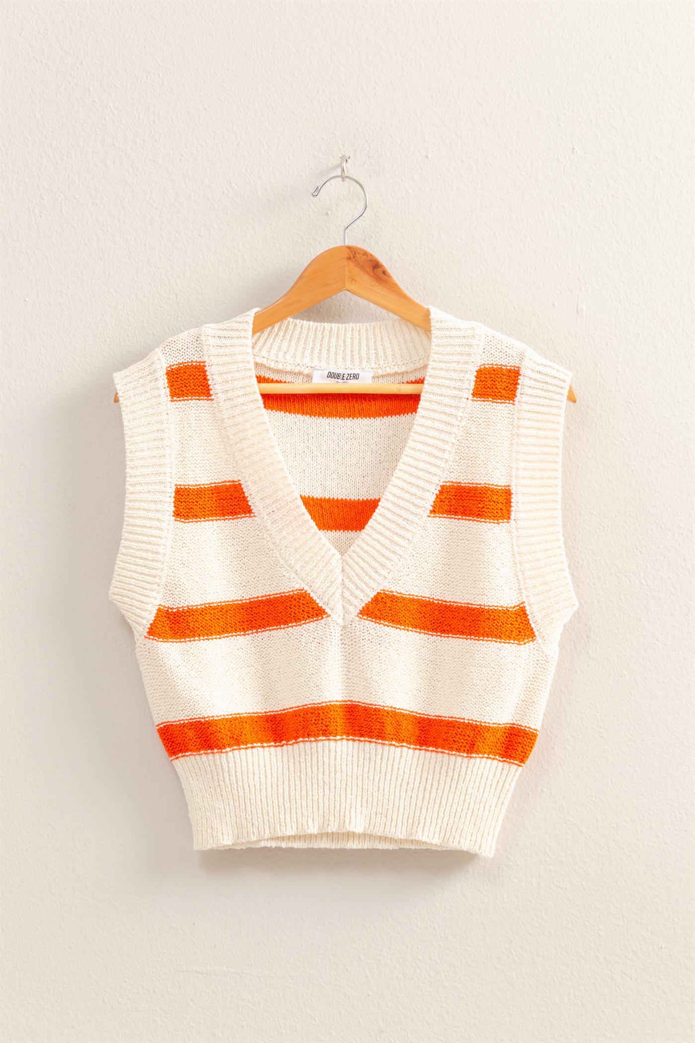 Wholesale Striped V-Neck Sweater Vest Vests DZ25A763 TOMATO/CREAM DOUBLE ZERO
