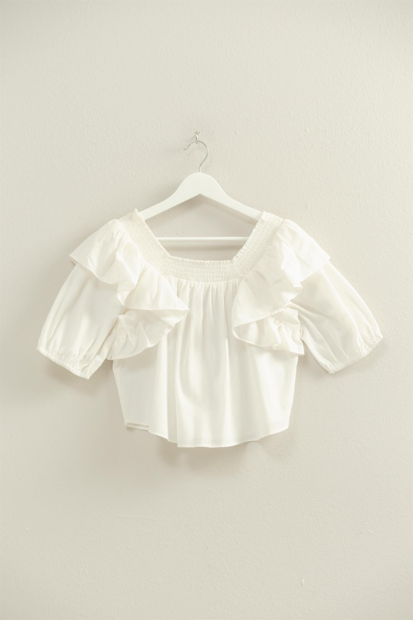 Wholesale Ruffled Short Sleeve Top Clothing Tops HF22C757 OFF WHITE HYFVE