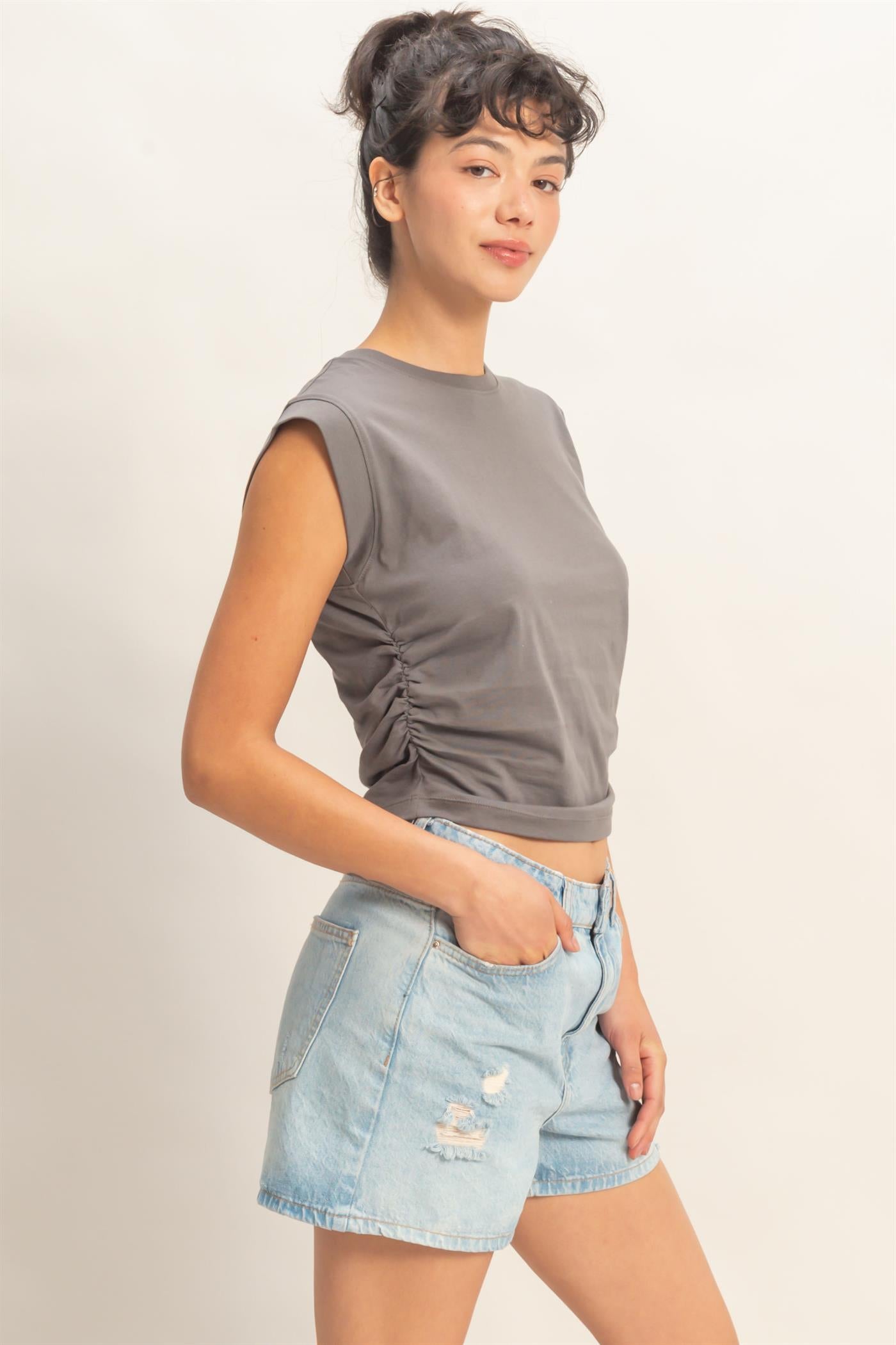 Wholesale Ruched Waist Sleeveless Cotton Top Clothing Tops DZ26C520 CHARCOAL DOUBLE ZERO