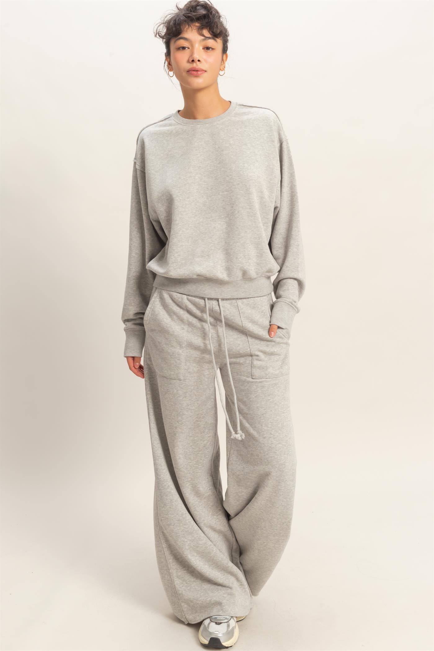 Wholesale Raw Edge Detail Burnout Sweatshirt Sweatshirts DZ26A048 HEATHER GRAY DOUBLE ZERO