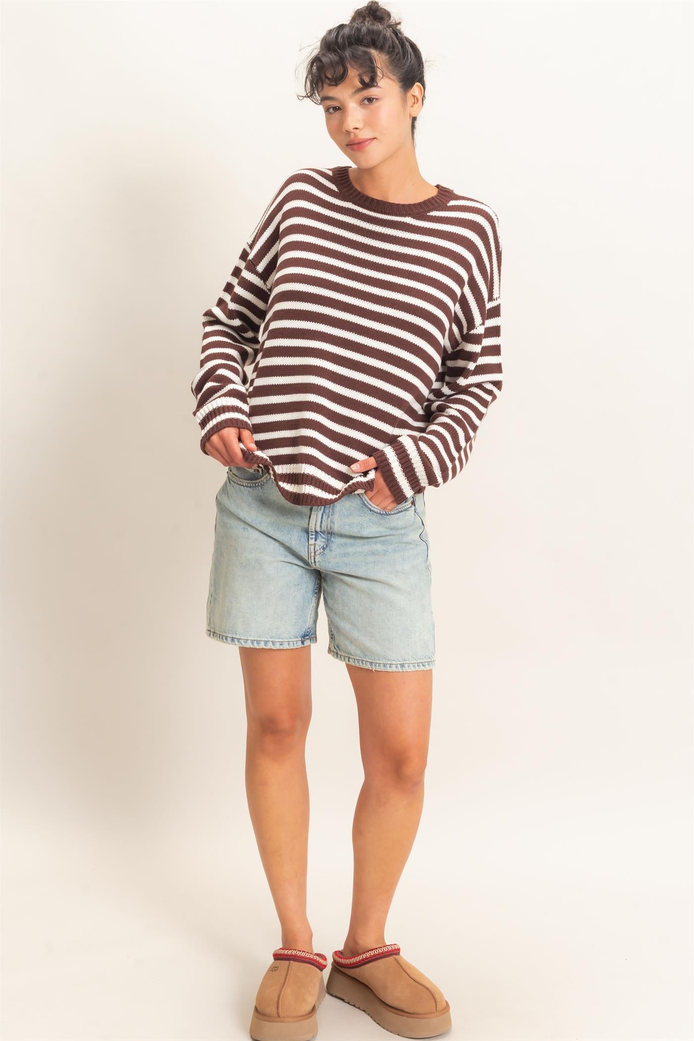 Wholesale Striped Crew Neck Sweater Sweaters DZ26E237 DARK BROWN DOUBLE ZERO