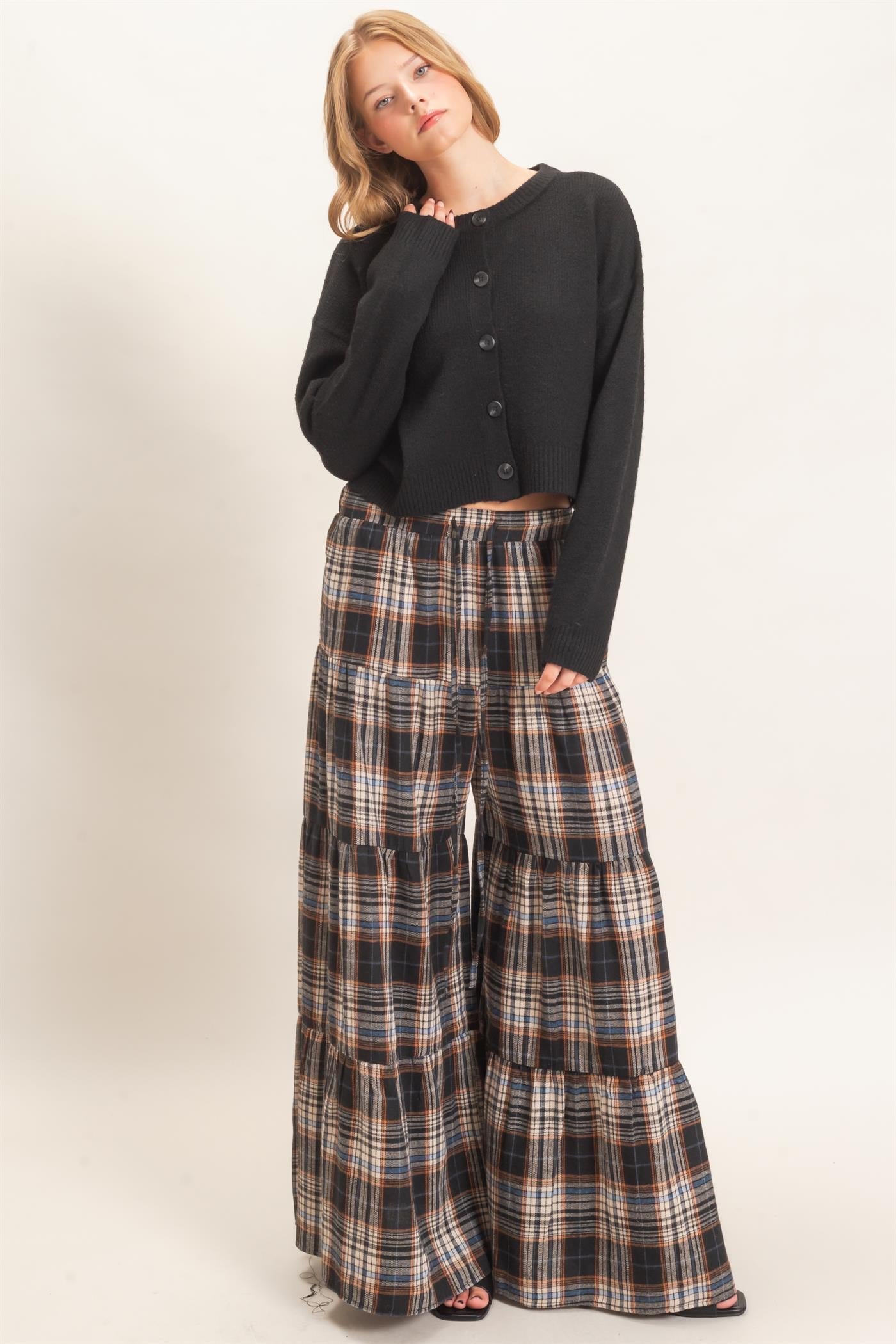 Wholesale Tiered Plaid Wide-Leg Pants Pants HF26E042 BLACK HYFVE