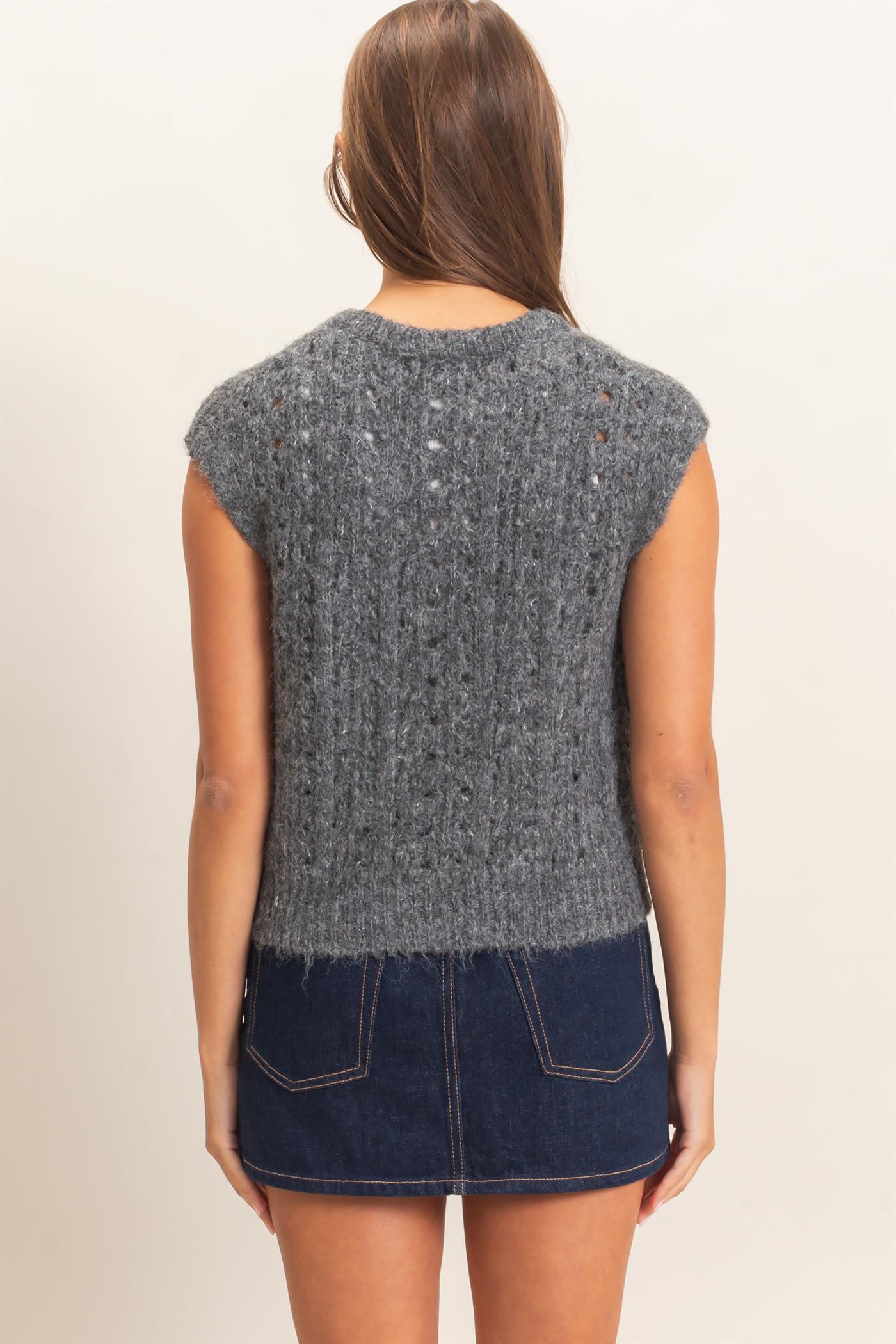 Wholesale Open Knit Sleeveless Button Front Sweater Vest Sweaters DZ26A829 CHARCOAL DOUBLE ZERO