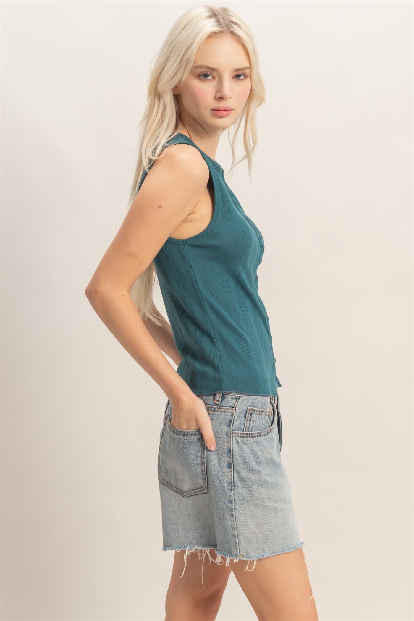 Wholesale Sleeveless Pointelle Button Front Top Clothing Tops DZ26A759 DARK TEAL DOUBLE ZERO