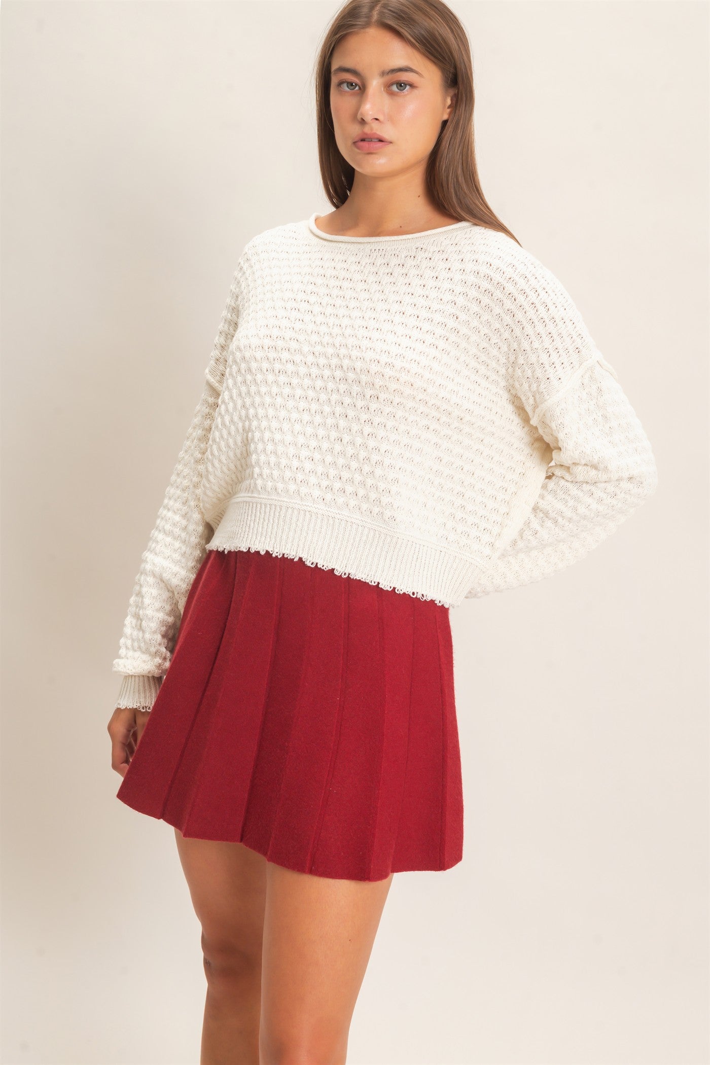 Wholesale Textured Boat Neck Sweater Sweaters DZ26E880 CREAM DOUBLE ZERO