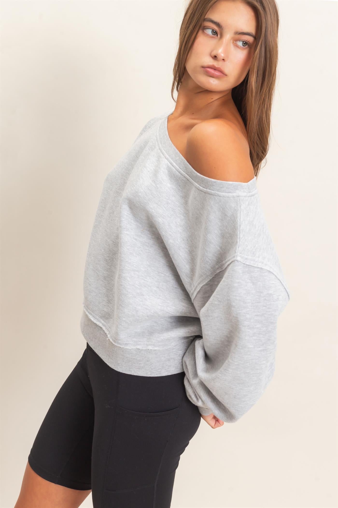 Wholesale Raw Edge Acid Wash Off The Shoulder Sweatshirt Sweatshirts DZ26F013 HEATHER GRAY DOUBLE ZERO