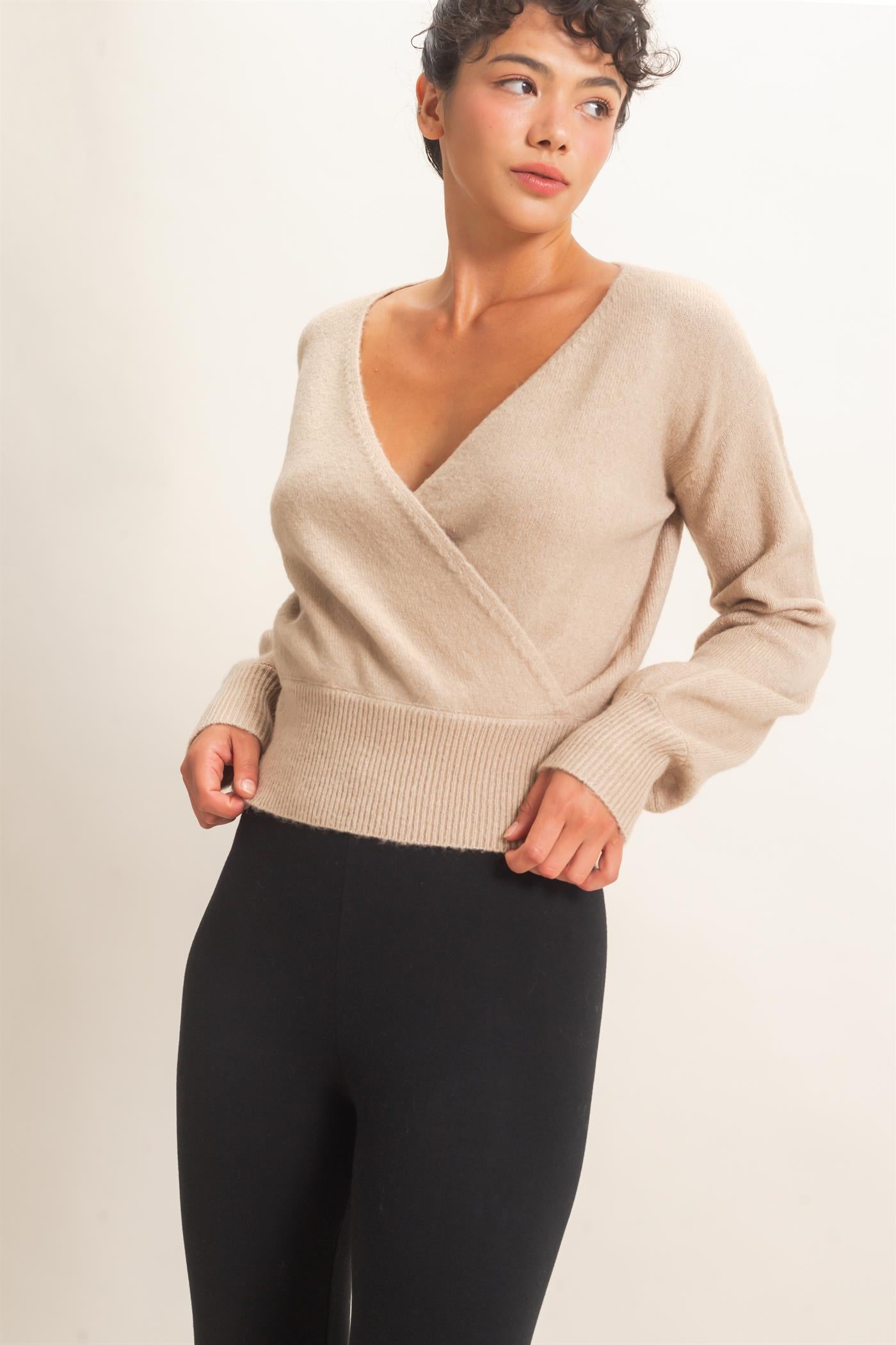Wholesale Wrap V Neck Sweater Sweaters DZ26E948 TAUPE DOUBLE ZERO