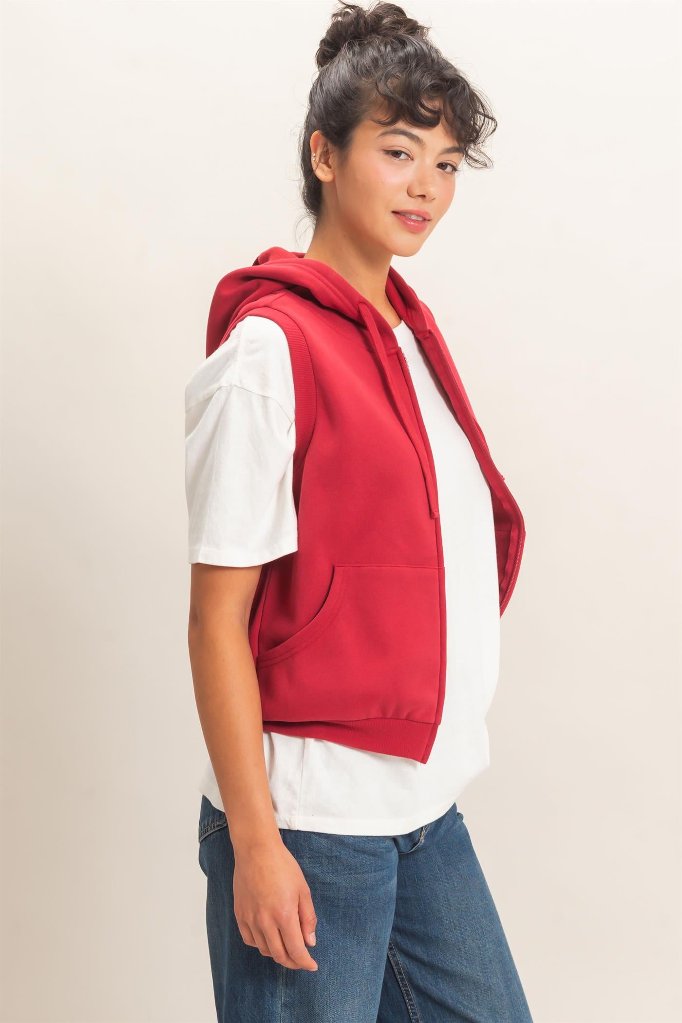 Wholesale Sleeveless Zip Up Hoodie Hoodies DZ26E330 DARK RED DOUBLE ZERO
