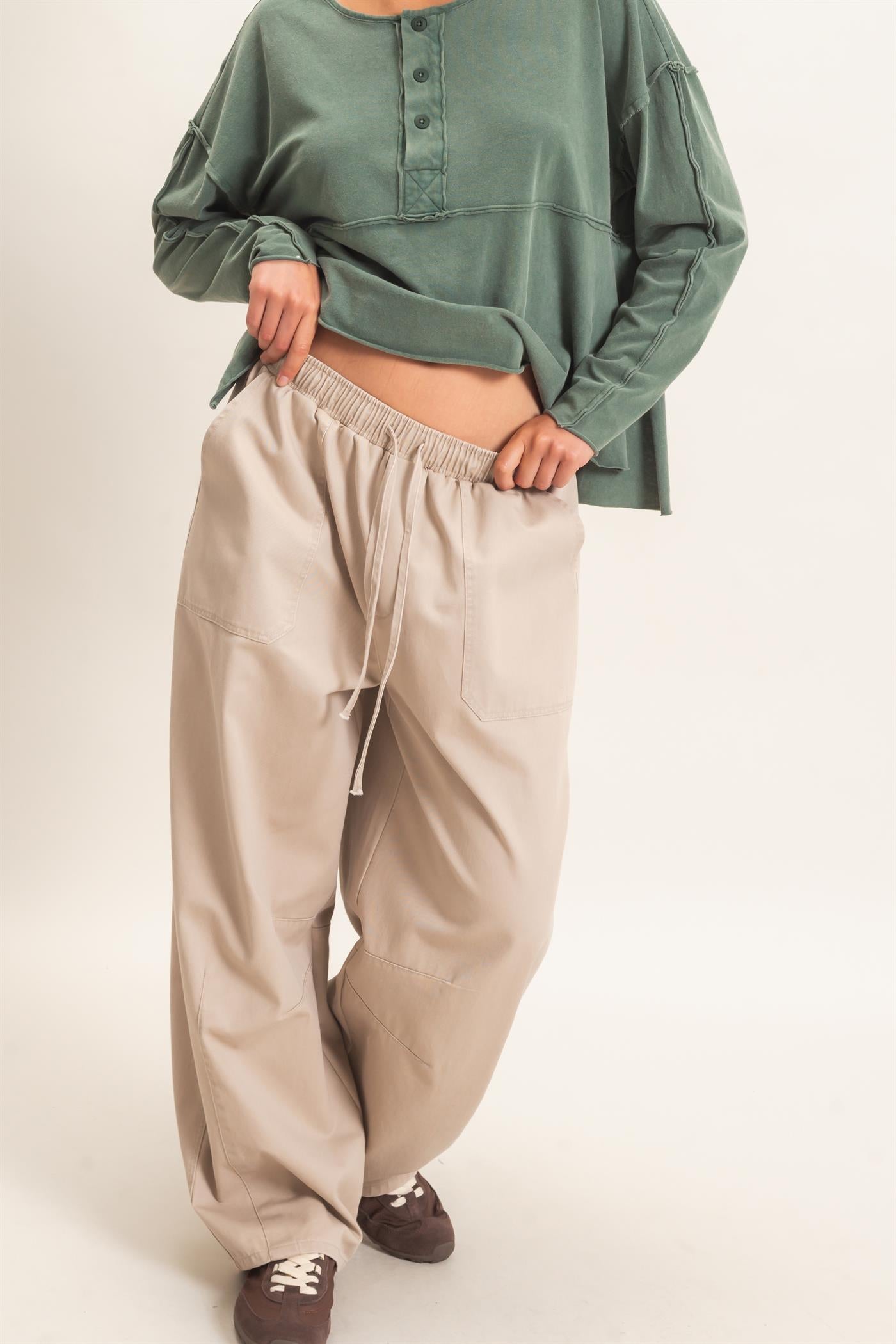 Wholesale Twill Elastic Waist Barrel Pants Pants DZ27A228 BEIGE DOUBLE ZERO
