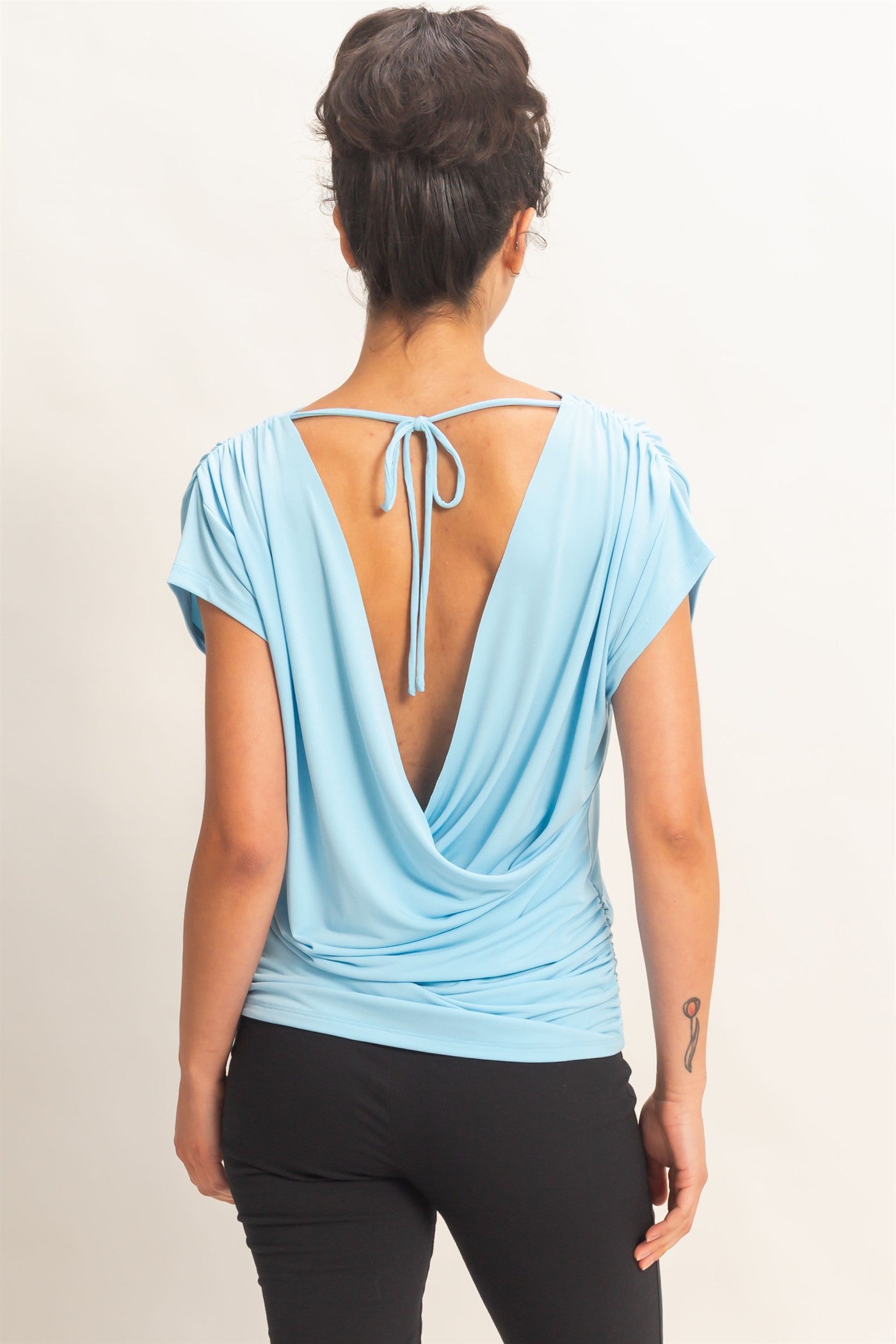 Wholesale Cowl Back Draped Cap Sleeve Top Clothing Tops DZ26C025 BLUE DOUBLE ZERO
