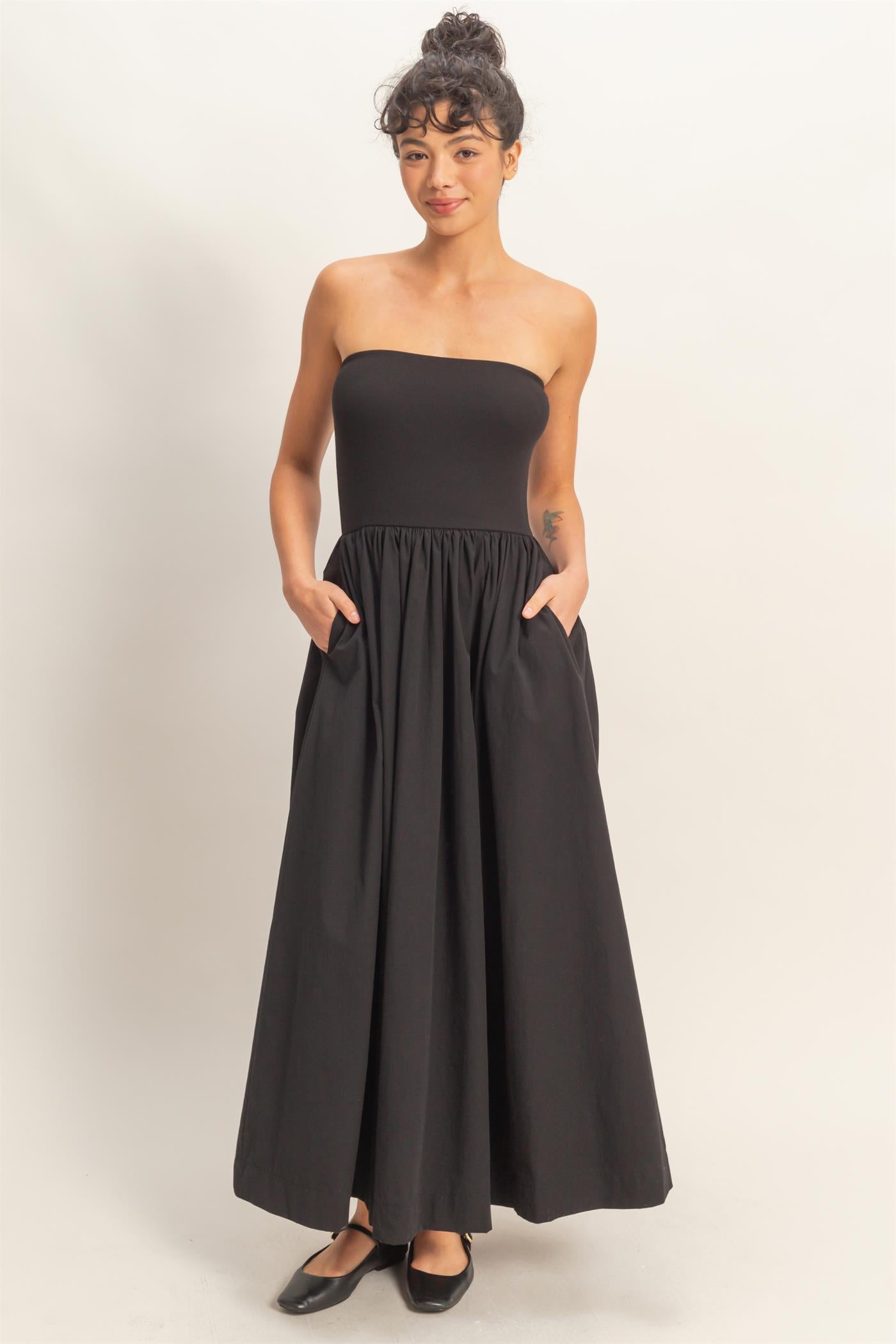 Wholesale Strapless Flowy Midi Dress Dresses DZ26A744 BLACK DOUBLE ZERO