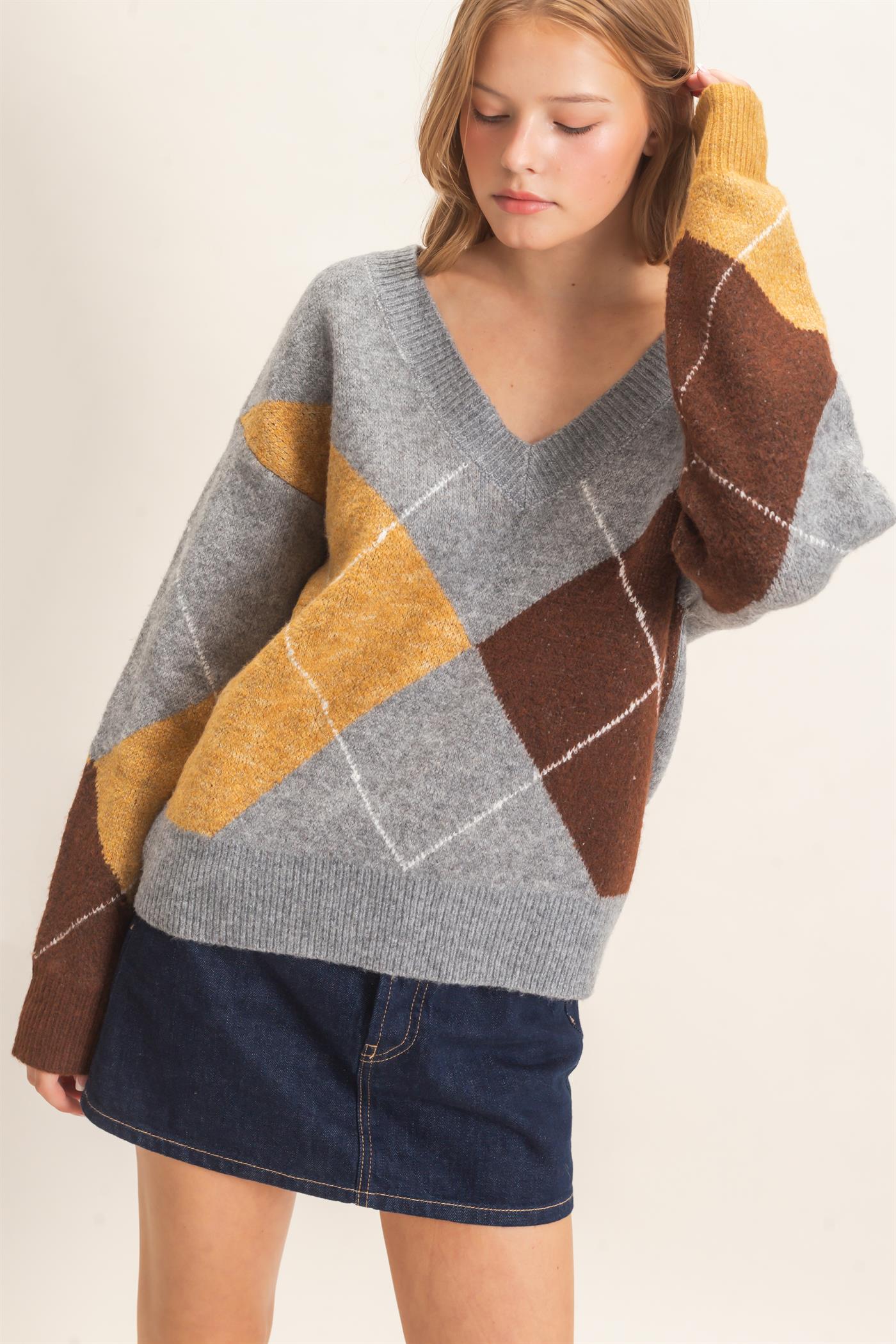 Wholesale Argyle Pattern V-Neck Sweater Sweaters HF26E475 HEATHER GRAY HYFVE