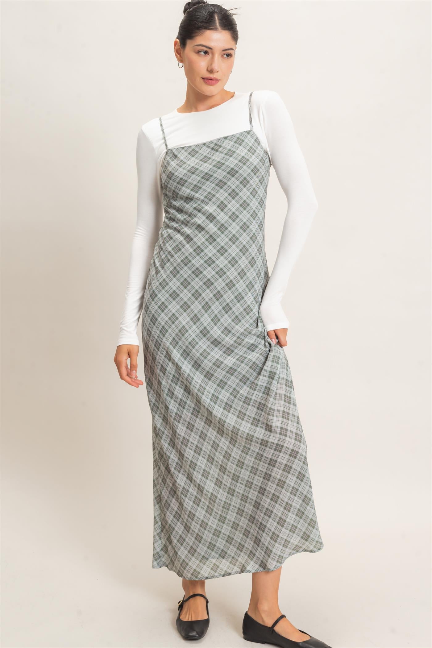 Wholesale Plaid Spaghetti Strap Maxi Dress Dresses HF26E573 SAGE GREEN HYFVE