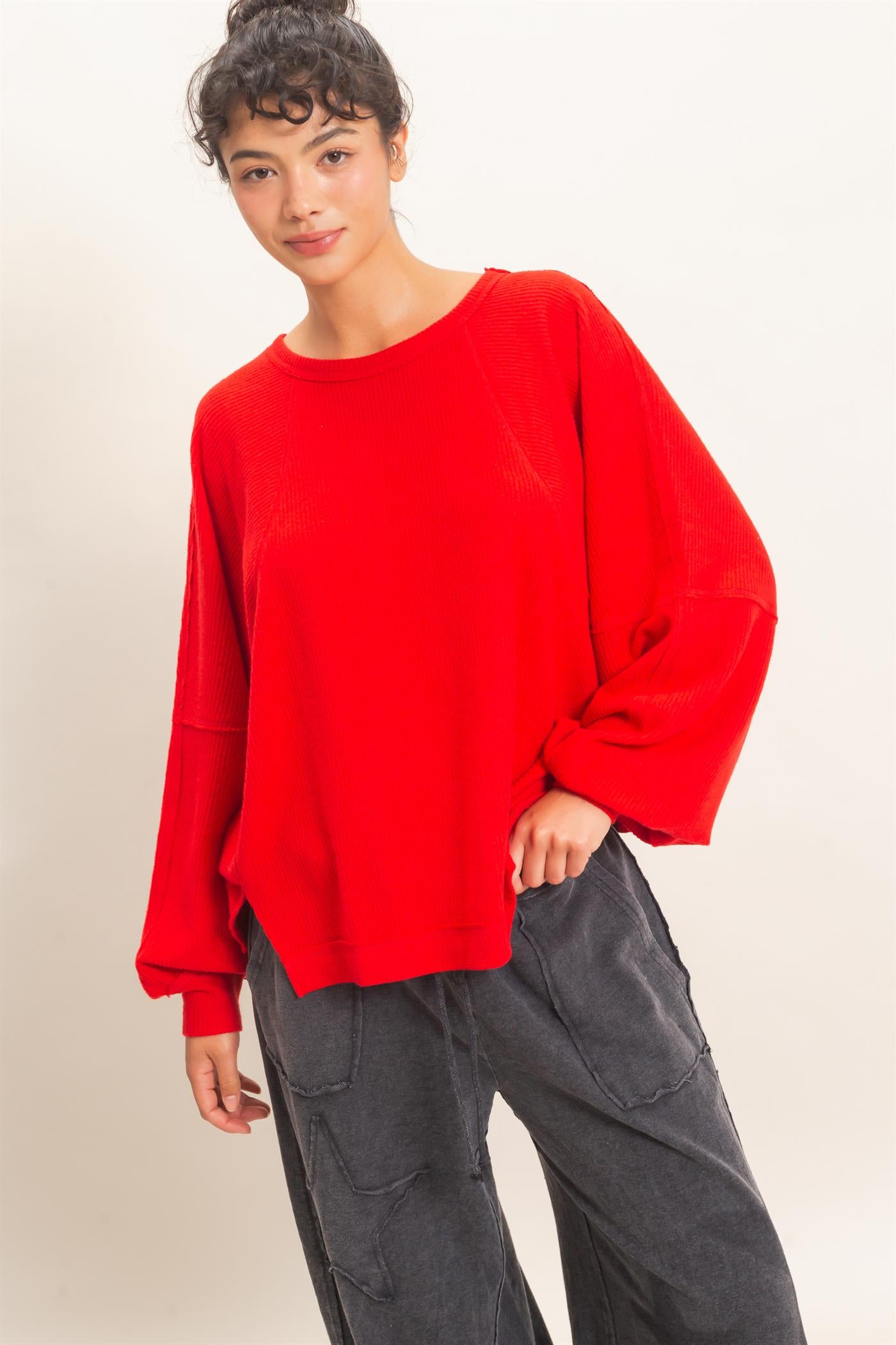 Wholesale Brushed Waffle Long Sleeve Top Clothing Tops DZ26F312 RED DOUBLE ZERO