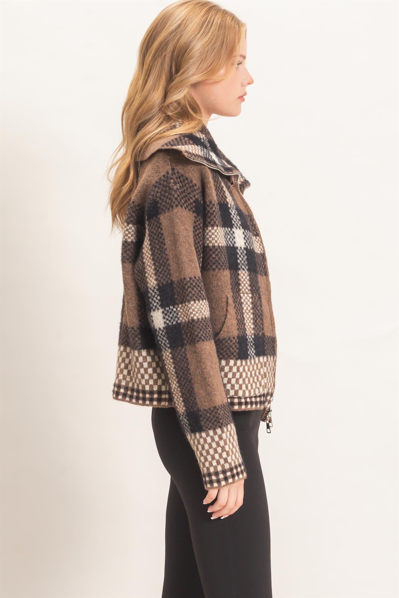 Wholesale Wide Collar Plaid Zip-Up Sweater Cardigans HF26E898 BROWN COMBO HYFVE