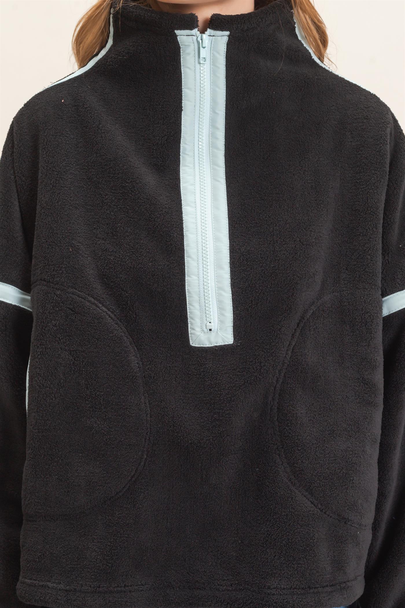 Wholesale Contrast Trim Half-Zip Fleece Pullover Outerwear HF26F206-D BLACK HYFVE