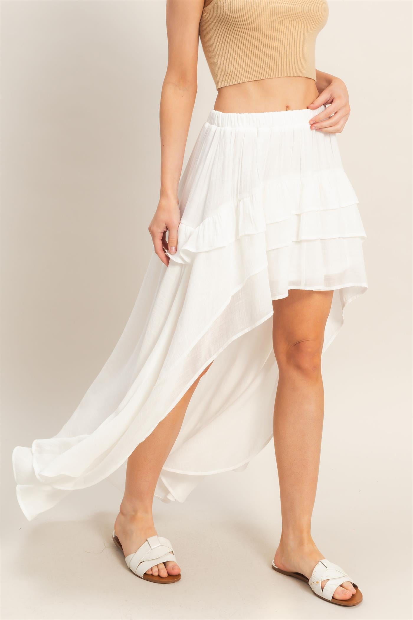 Wholesale Tiered Ruffle High-Low Skirt Skirts HF26C194 WHITE HYFVE