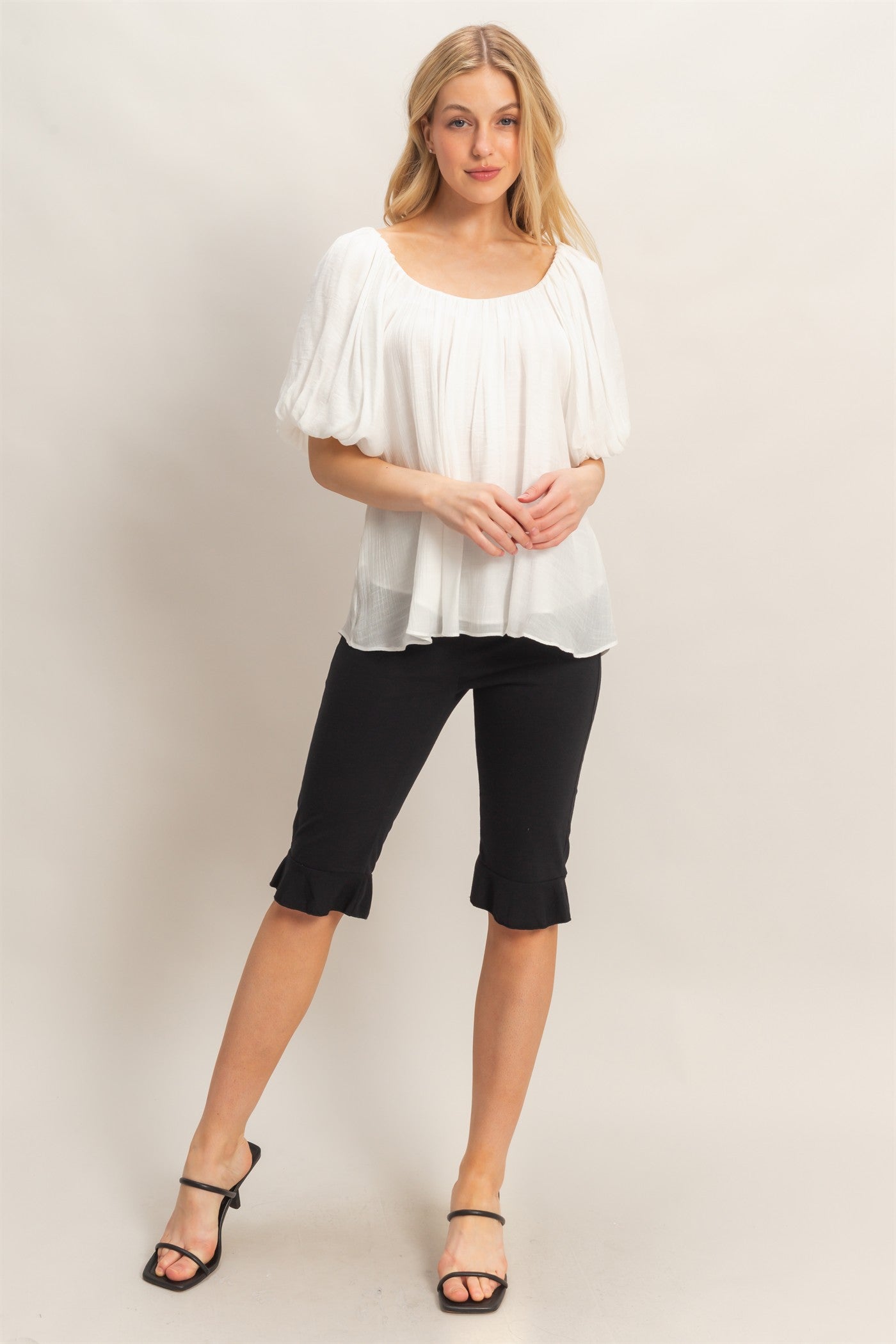 Wholesale Gathered Puff Sleeve Blouse Blouses HF26C307 WHITE HYFVE