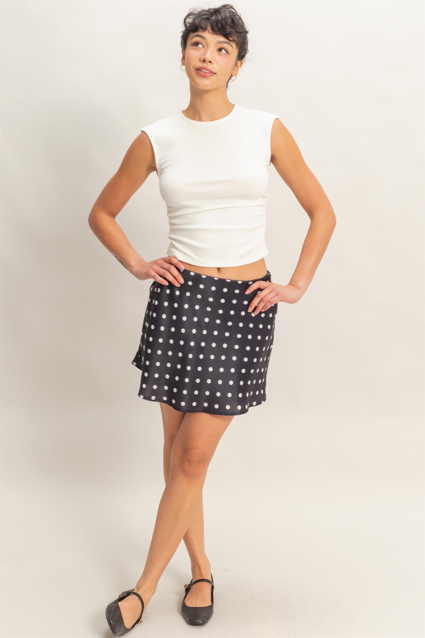 Wholesale Satin Polka Dot Mini Skirt Skirts DZ26C207 BLACK DOUBLE ZERO