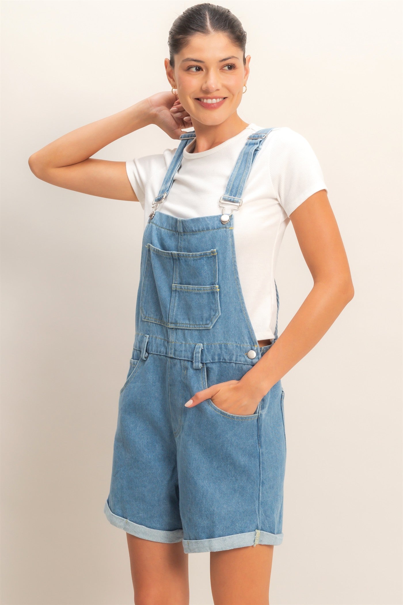 Wholesale Denim Cross Back Overalls Clothing HF26A571 MEDIUM DENIM HYFVE