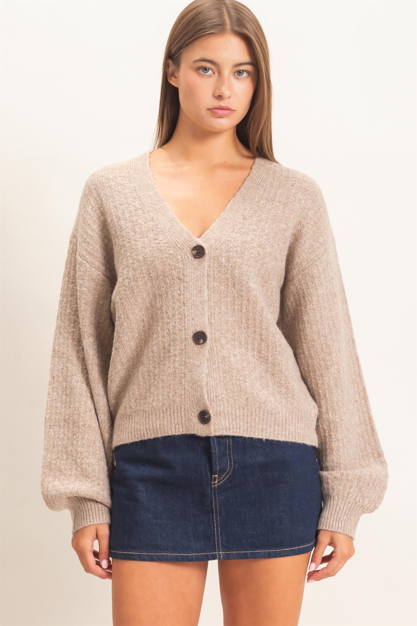 Wholesale Textured V-Neck Cardigan Cardigans DZ26E080 DARK TAUPE DOUBLE ZERO