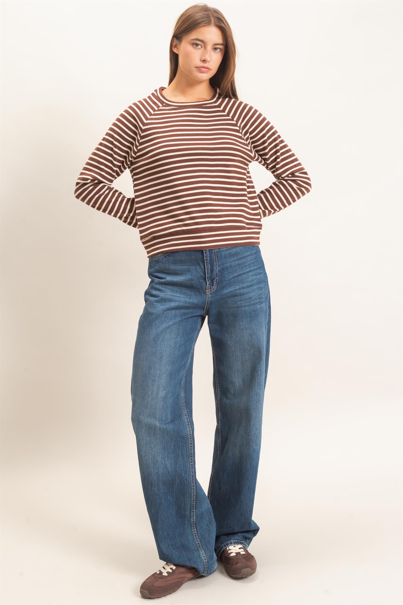 Wholesale Striped Waffle Knit Raglan Top Clothing Tops DZ26E450 DARK BROWN DOUBLE ZERO