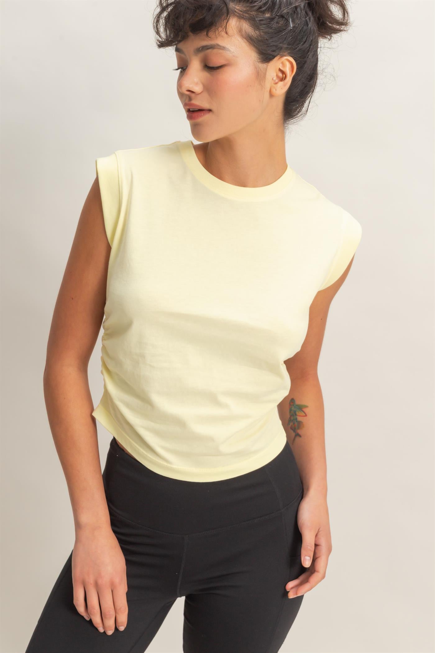 Wholesale Ruched Waist Sleeveless Cotton Top Clothing Tops DZ26C520 PALE YELLOW DOUBLE ZERO