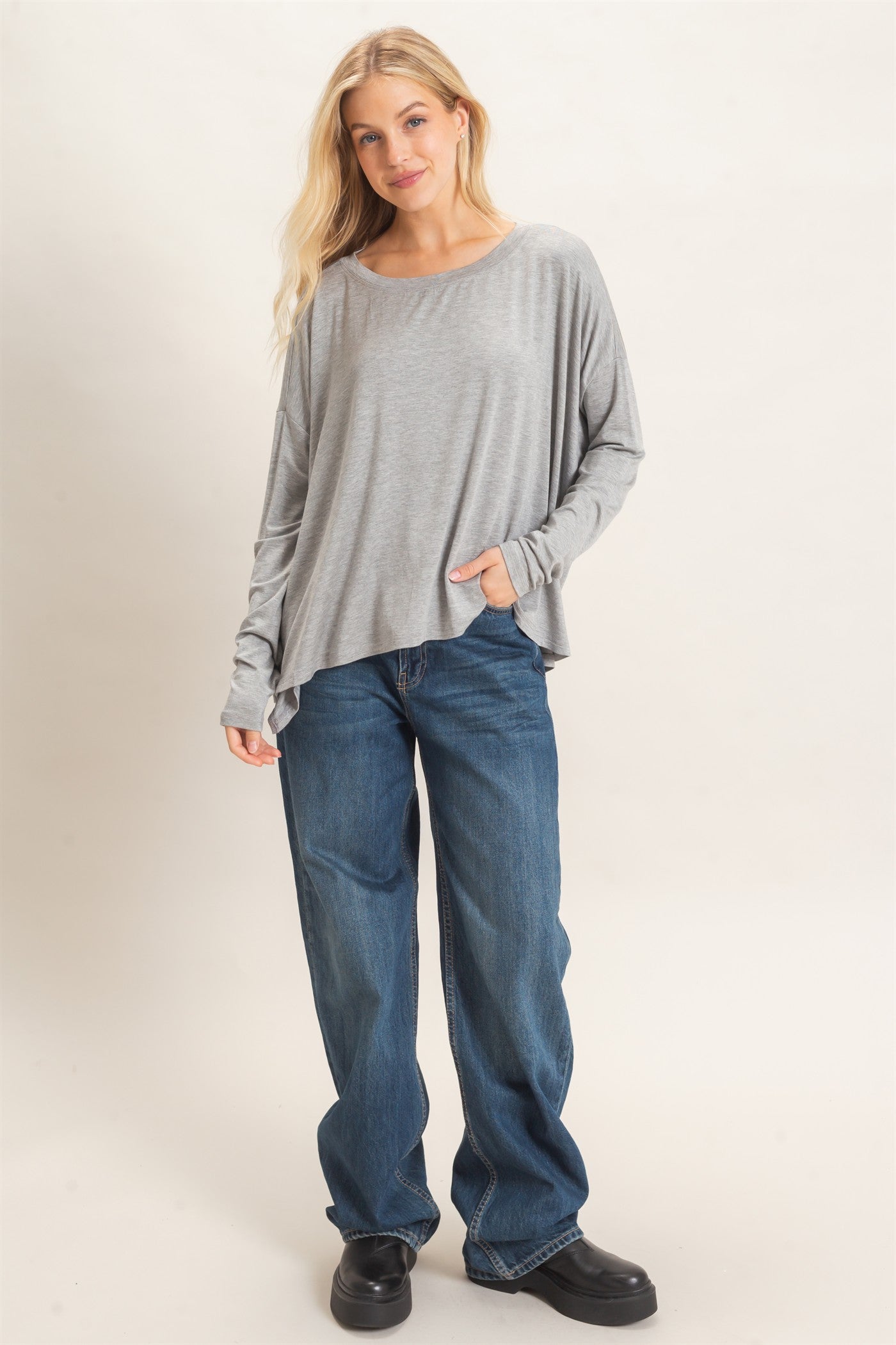 Wholesale Boat Neck Boxy Top Clothing Tops HF26F298 H.GRAY HYFVE