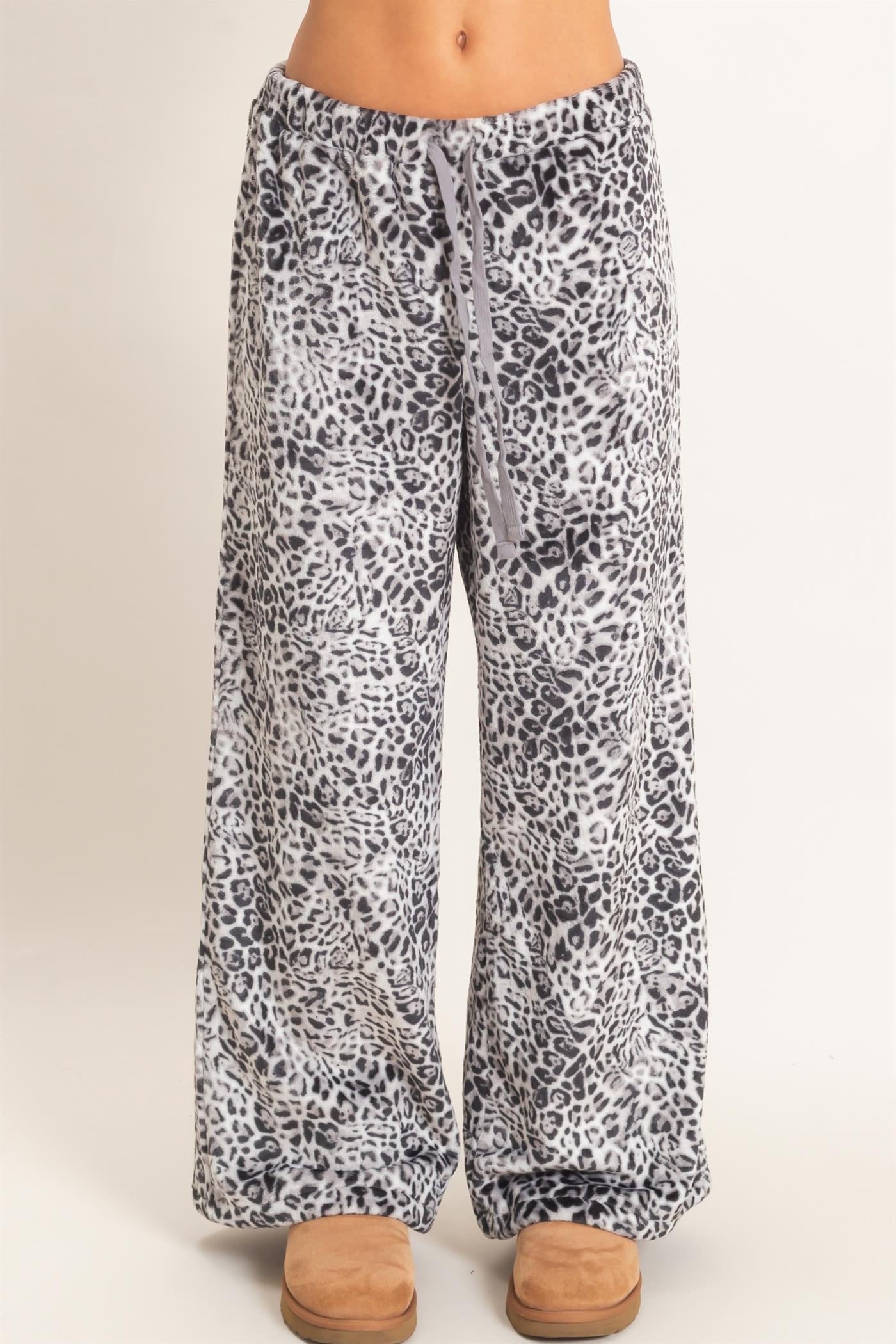 Wholesale Leopard Print Fleece Wide-Leg Pants Pants DZ26E829 GRAY DOUBLE ZERO