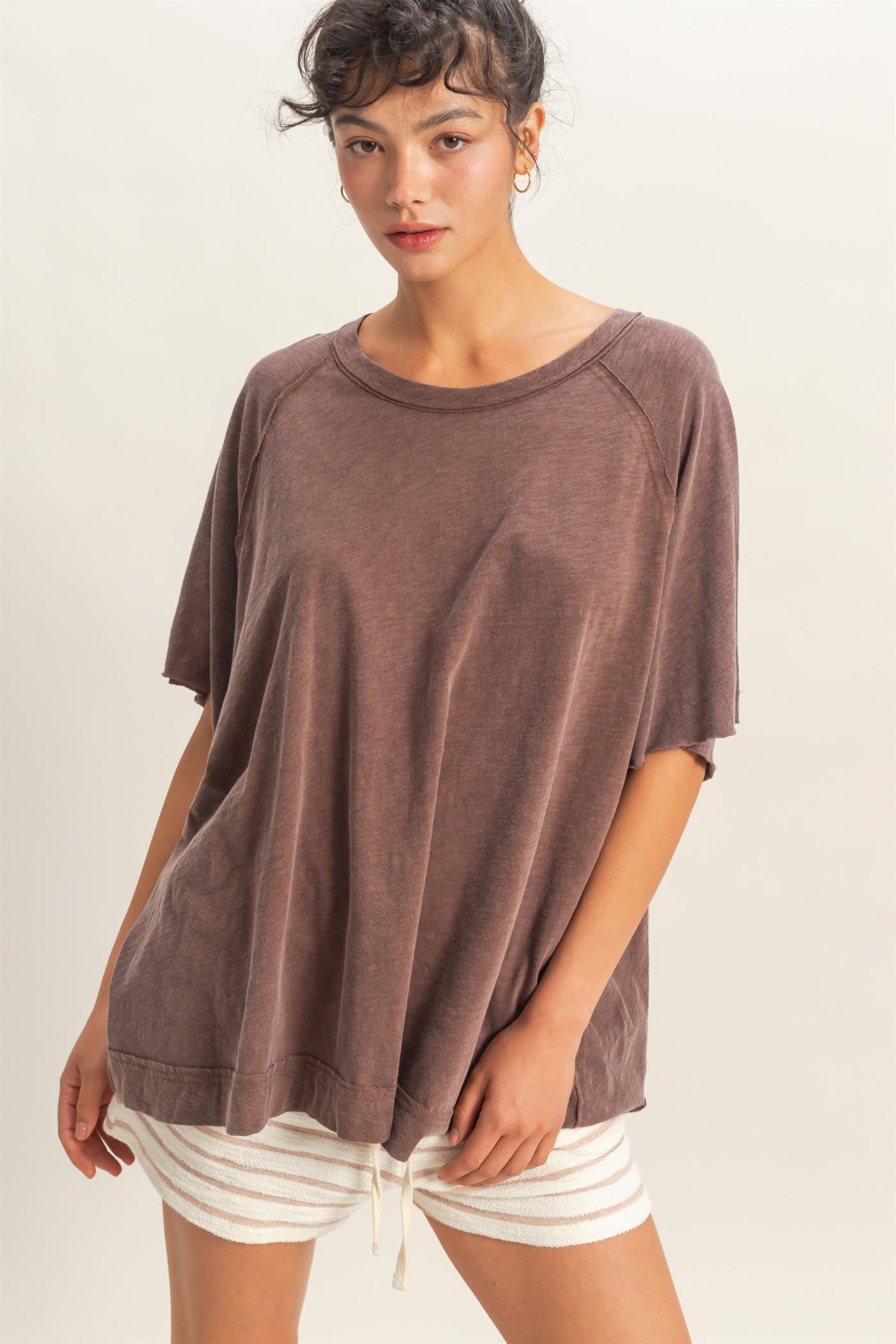 Wholesale Acid Washed Oversized Raw Edges Raglan Tee T-Shirts DZ26A333 CHOCOLATE DOUBLE ZERO
