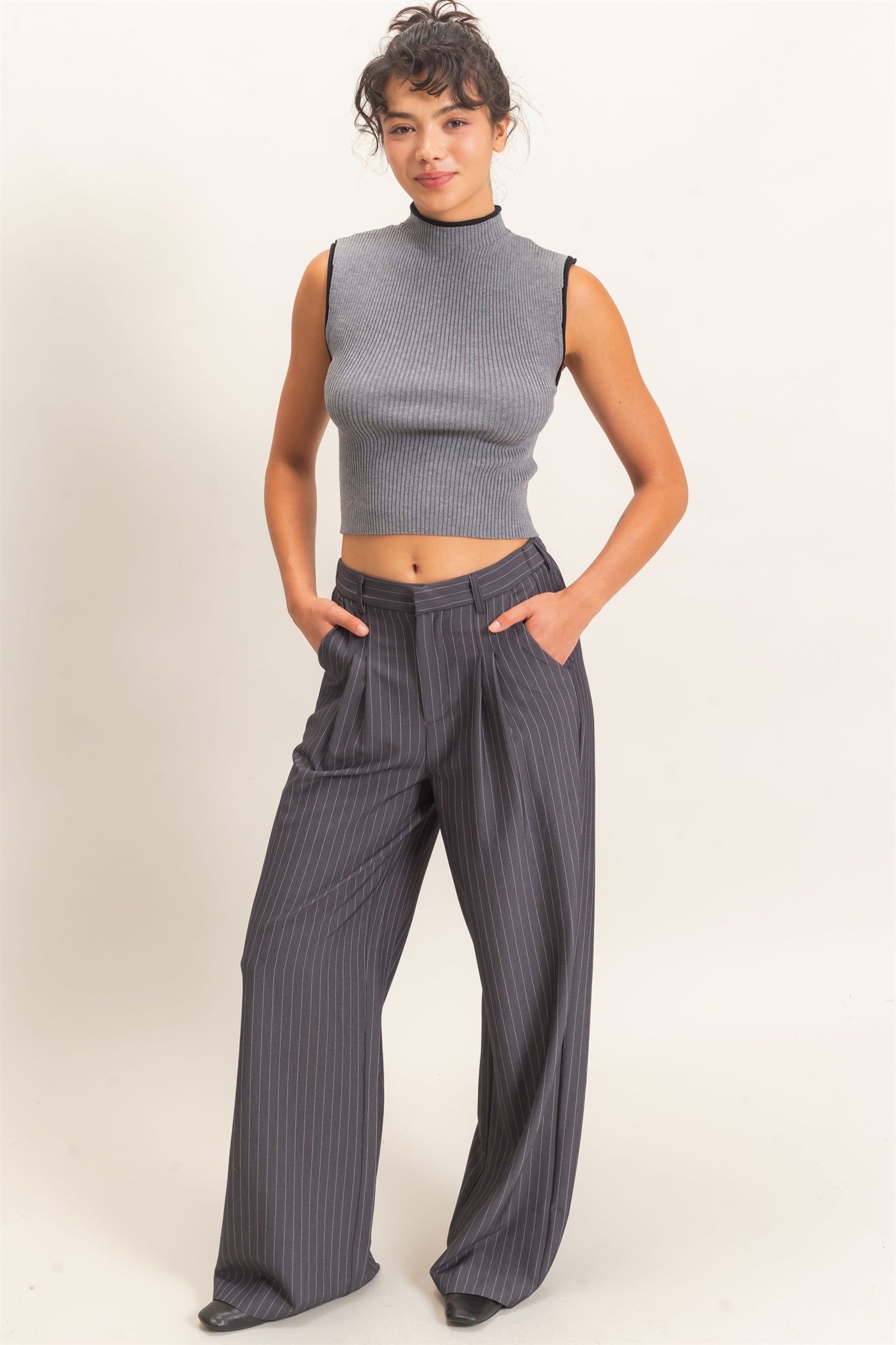 Wholesale Pinstripe Wide-Leg Trousers Pants DZ26E426 DARK GRAY DOUBLE ZERO