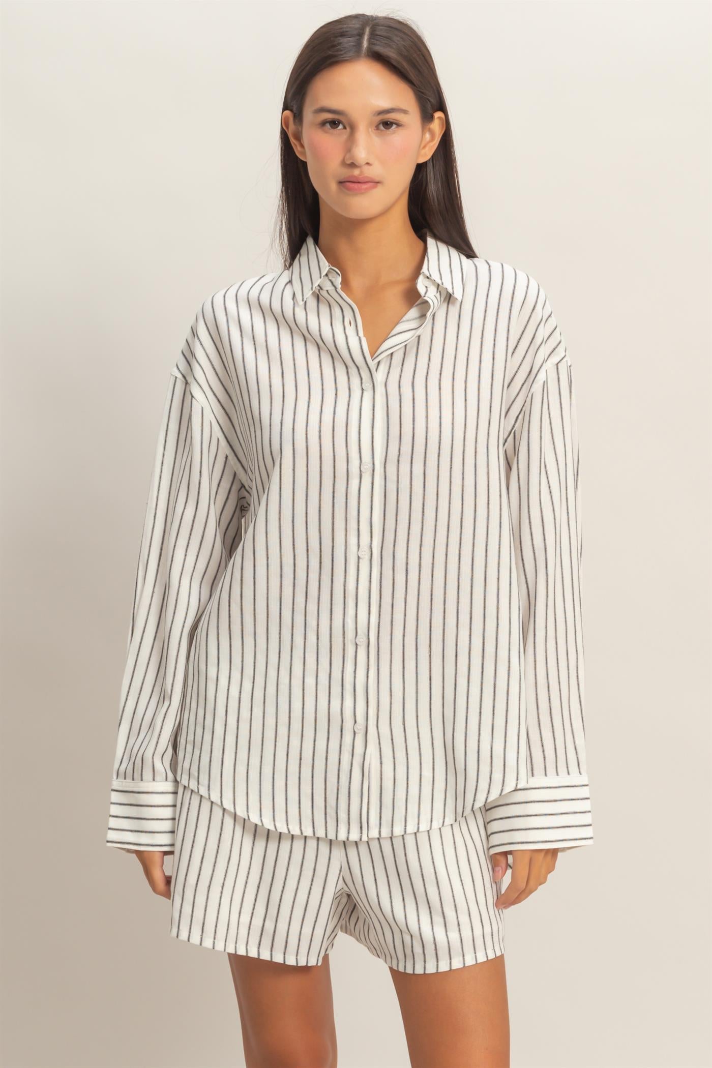 Wholesale Striped Button-Up Shirt Shirts DZ26C413 BLACK DOUBLE ZERO