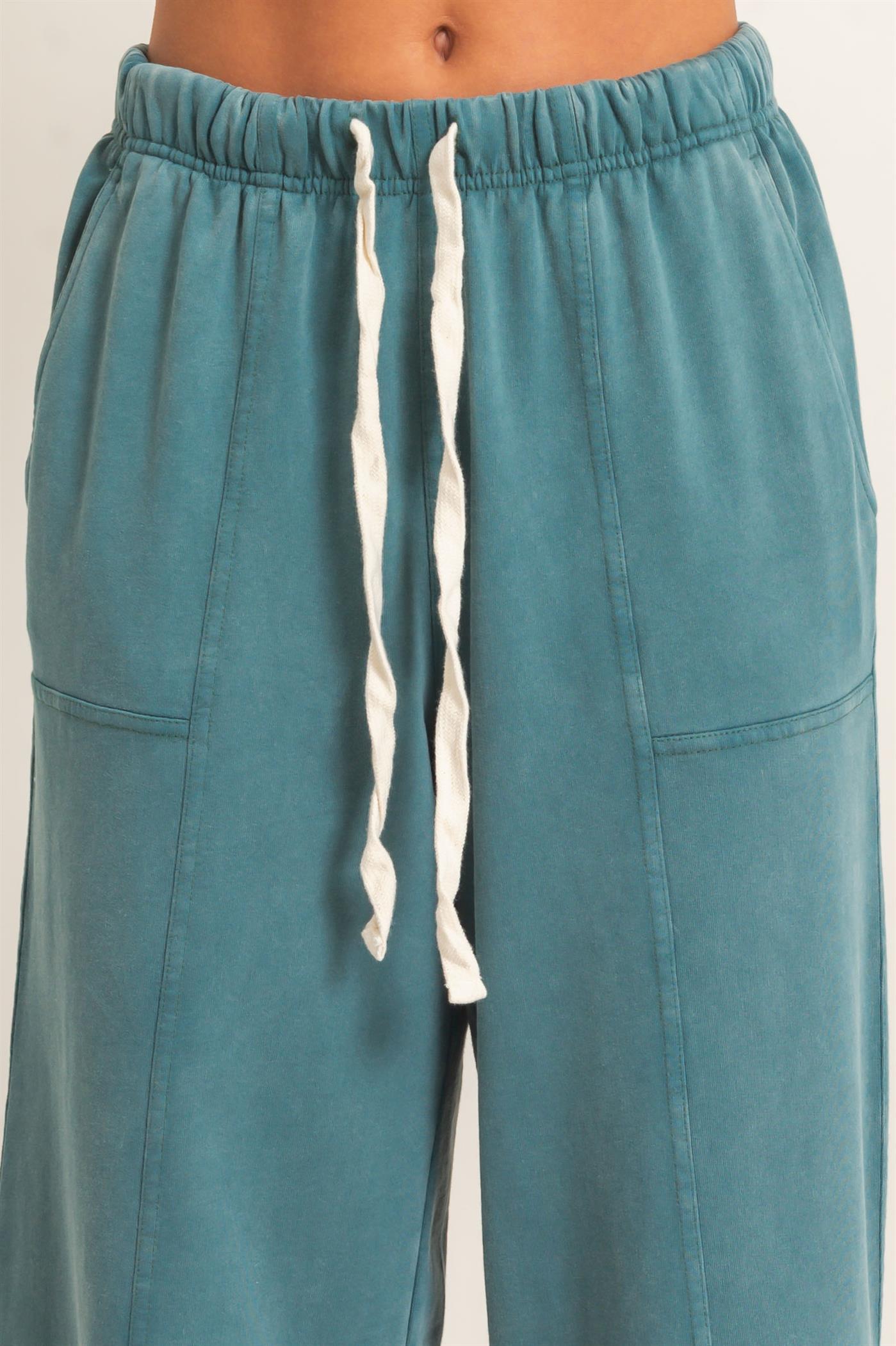 Wholesale Acid Wash Drawstring Waist Wide Leg Pants Pants DZ25A685 DARK TEAL DOUBLE ZERO
