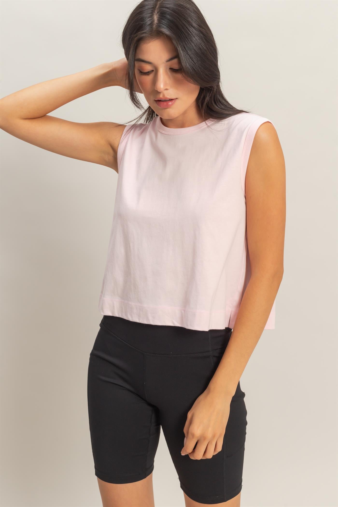 Wholesale Sleeveless Crew Neck Top With Back Pleats Clothing Tops DZ26A999 SOFT PINK DOUBLE ZERO