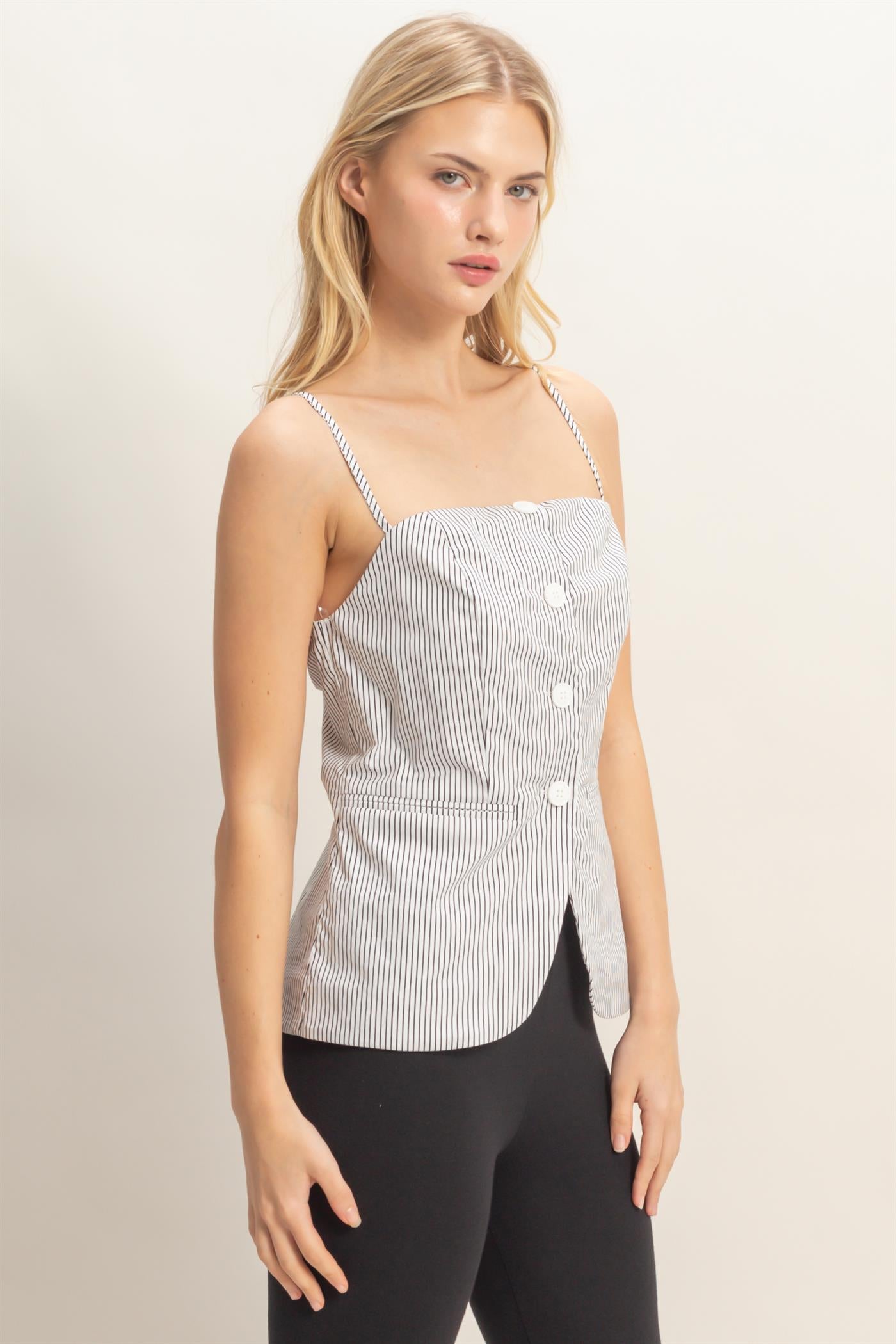 Wholesale Pinstripe Button Front Camisole Tank Tops HF25E715 WHITE HYFVE