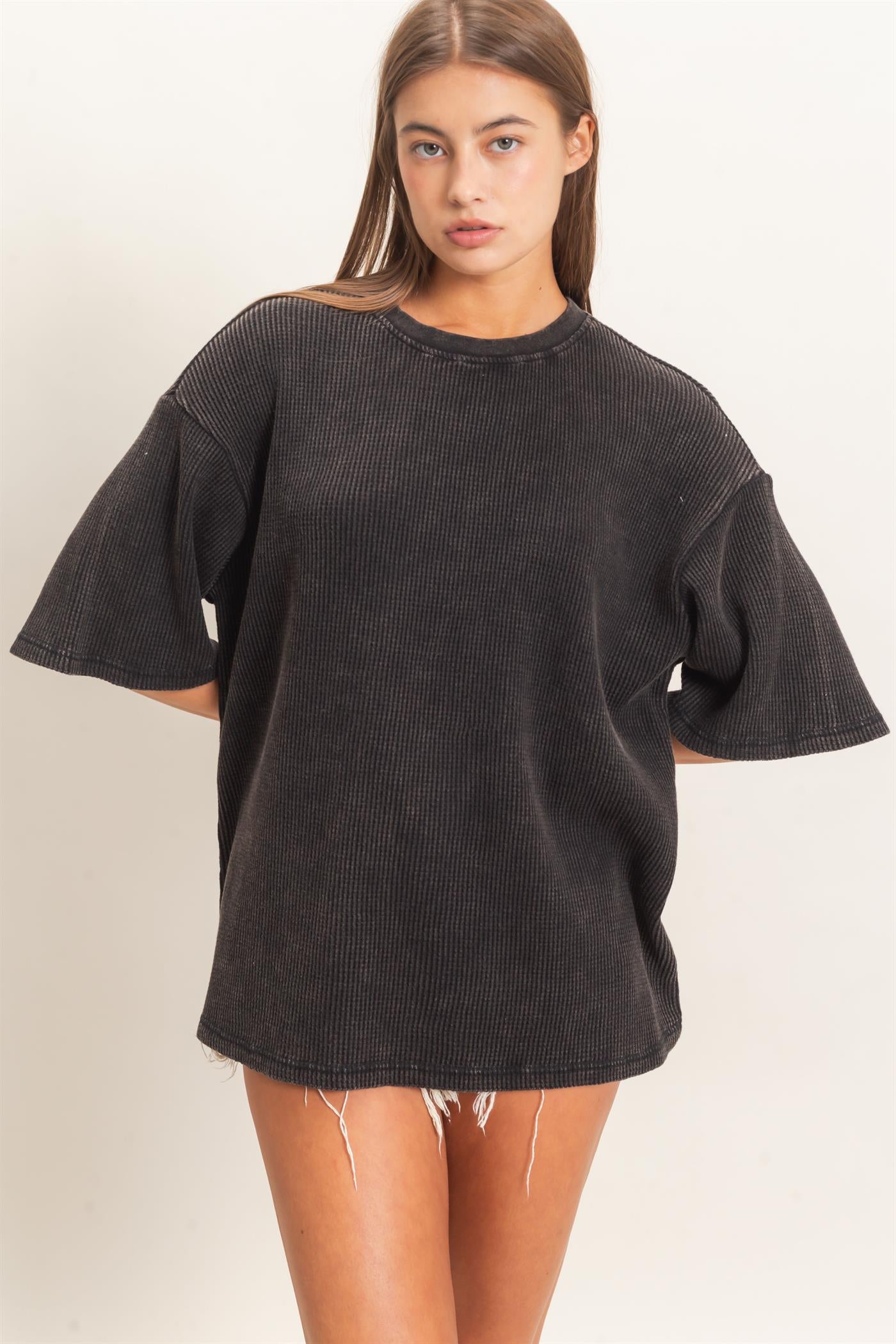 Wholesale Mineral Wash Waffle Crew Neck Short Sleeve Top Clothing Tops DZ26E328 BLACK DOUBLE ZERO