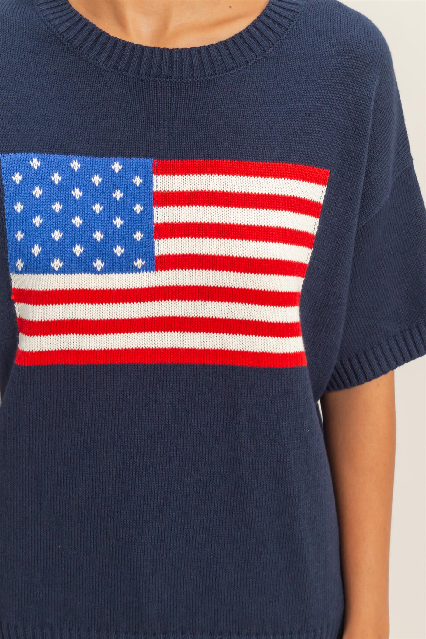 Wholesale American Flag Knit Top Shirts DZ26A309 NAVY DOUBLE ZERO