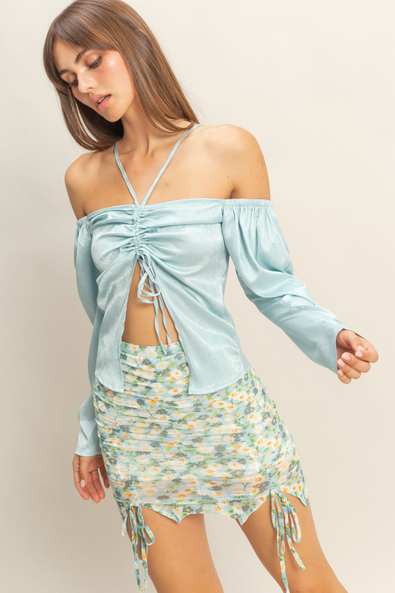 Wholesale Tie-Front Off-Shoulder Blouse Clothing Tops FS22E859 BLUE HYFVE