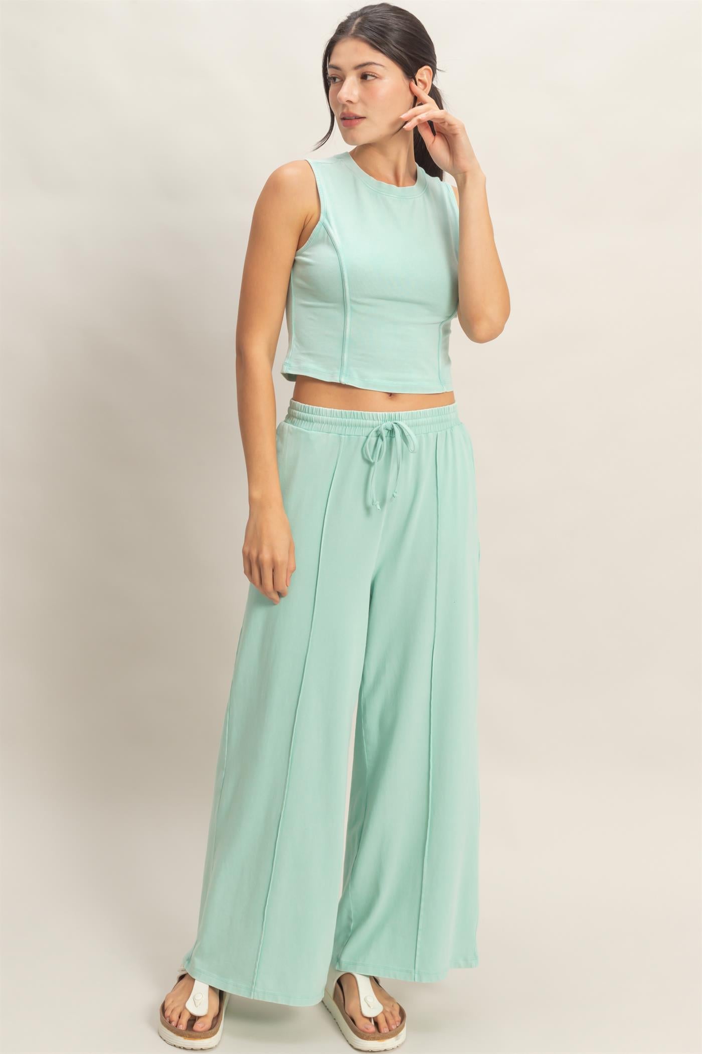 Wholesale Mineral Washed Sleeveless Top & Wide Leg Pants Set Clothing DZ26A371-SET TURQUOISE DOUBLE ZERO