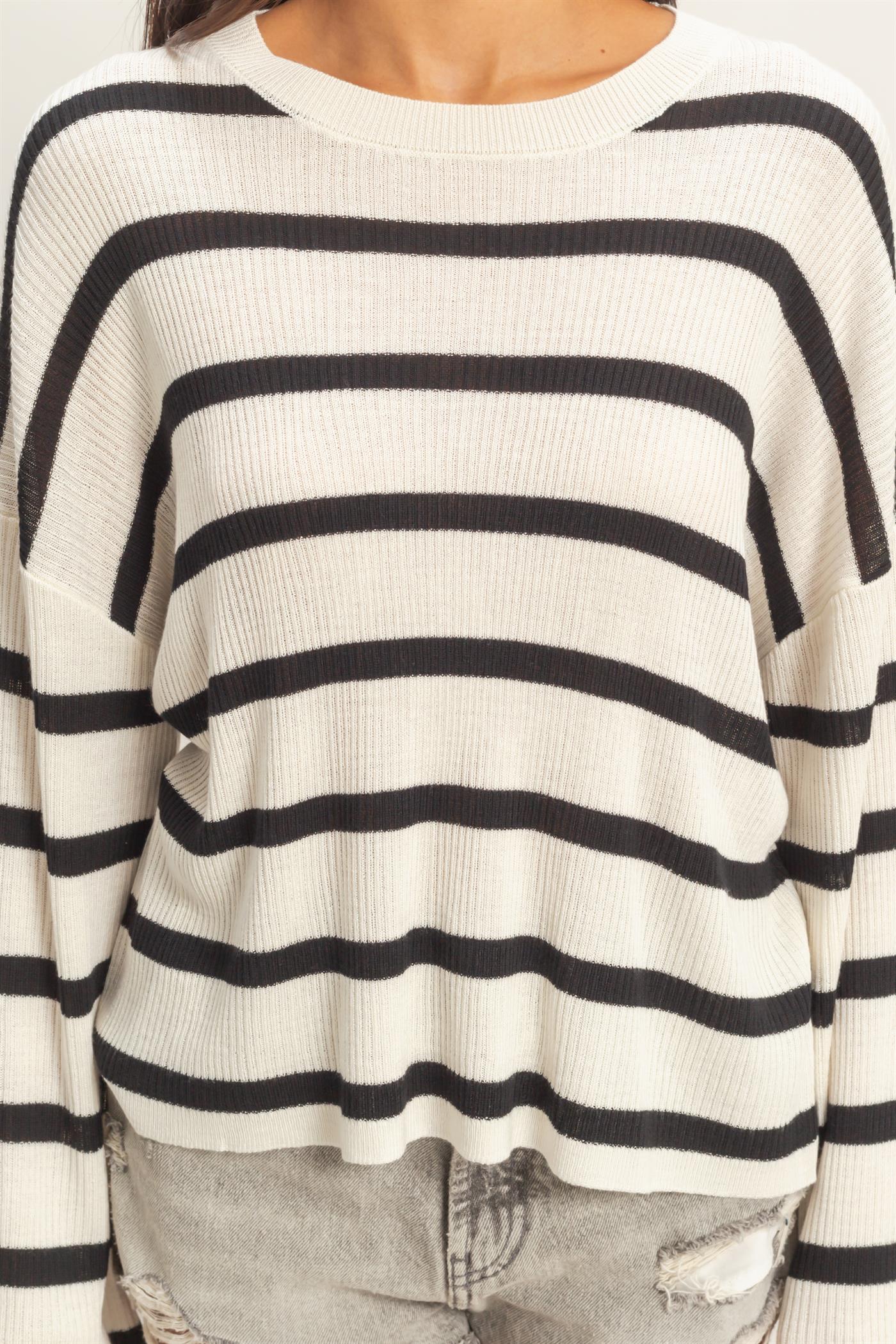 Wholesale Lightweight Wide-Sleeve Striped Sweater Clothing Tops DZ26A329 BLACK DOUBLE ZERO