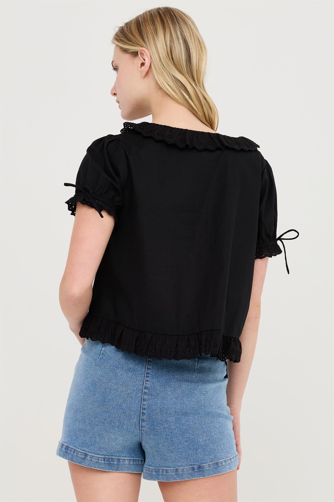 Wholesale Lace Trim Peasant Top Blouses HF26C137 BLACK HYFVE
