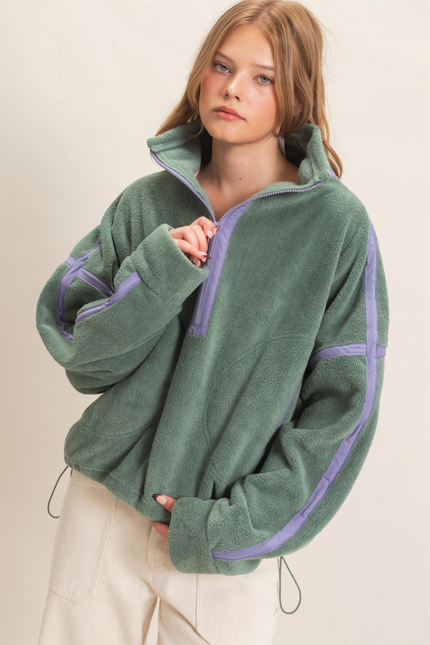 Wholesale Contrast Trim Half-Zip Fleece Pullover Outerwear HF26F206-D PISTACHIO HYFVE
