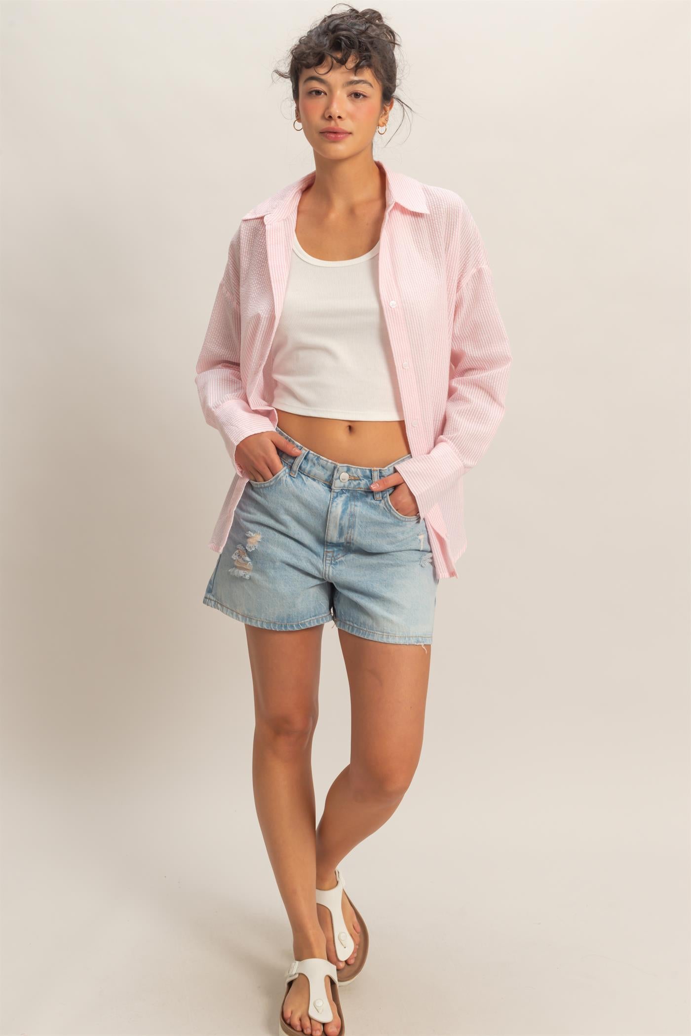 Wholesale Striped Button-Up Shirt Shirts DZ26A737 PINK DOUBLE ZERO