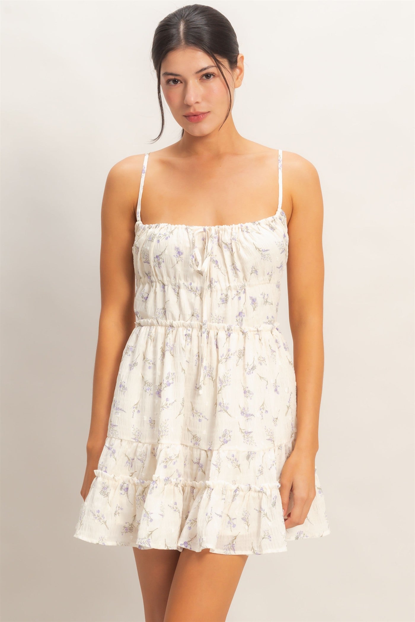 Wholesale Floral Strapless Tiered Dress Dresses HF26A147 PURPLE HYFVE