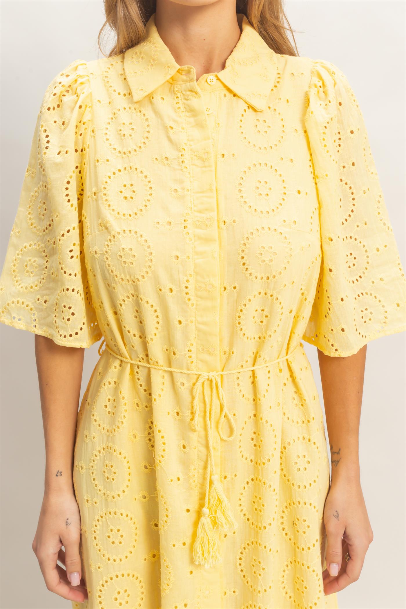 Wholesale Eyelet Collared Midi Dress Dresses HF26A021 YELLOW HYFVE