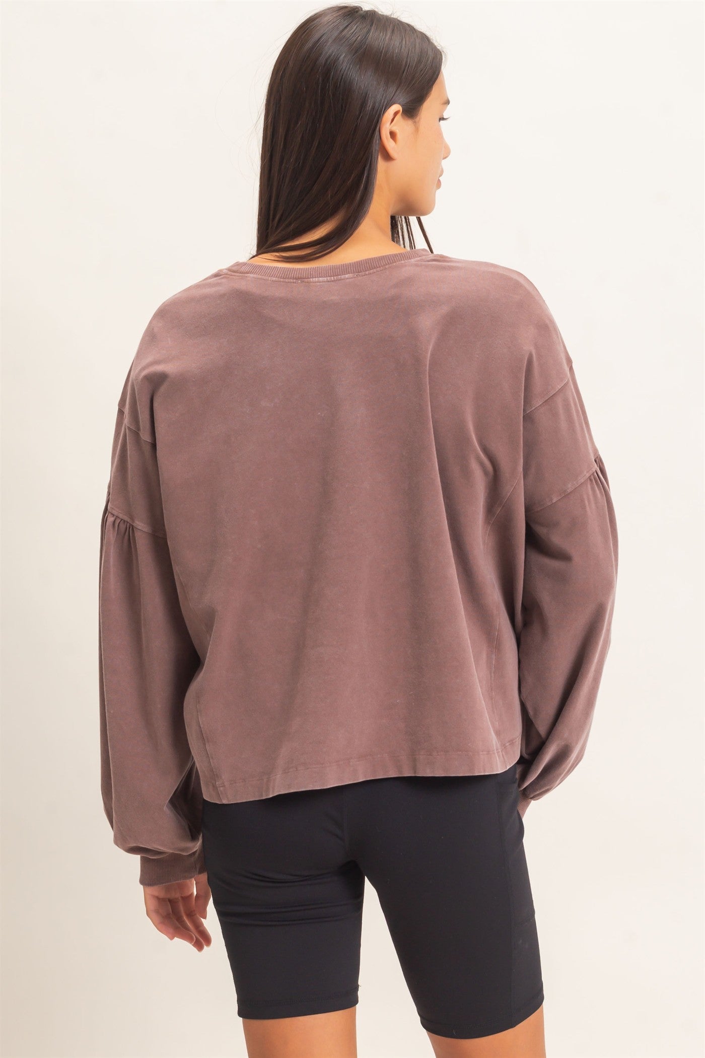 Wholesale Mineral Wash Puff Long Sleeve Boxy Top Clothing Tops DZ26F402 DARK BROWN DOUBLE ZERO
