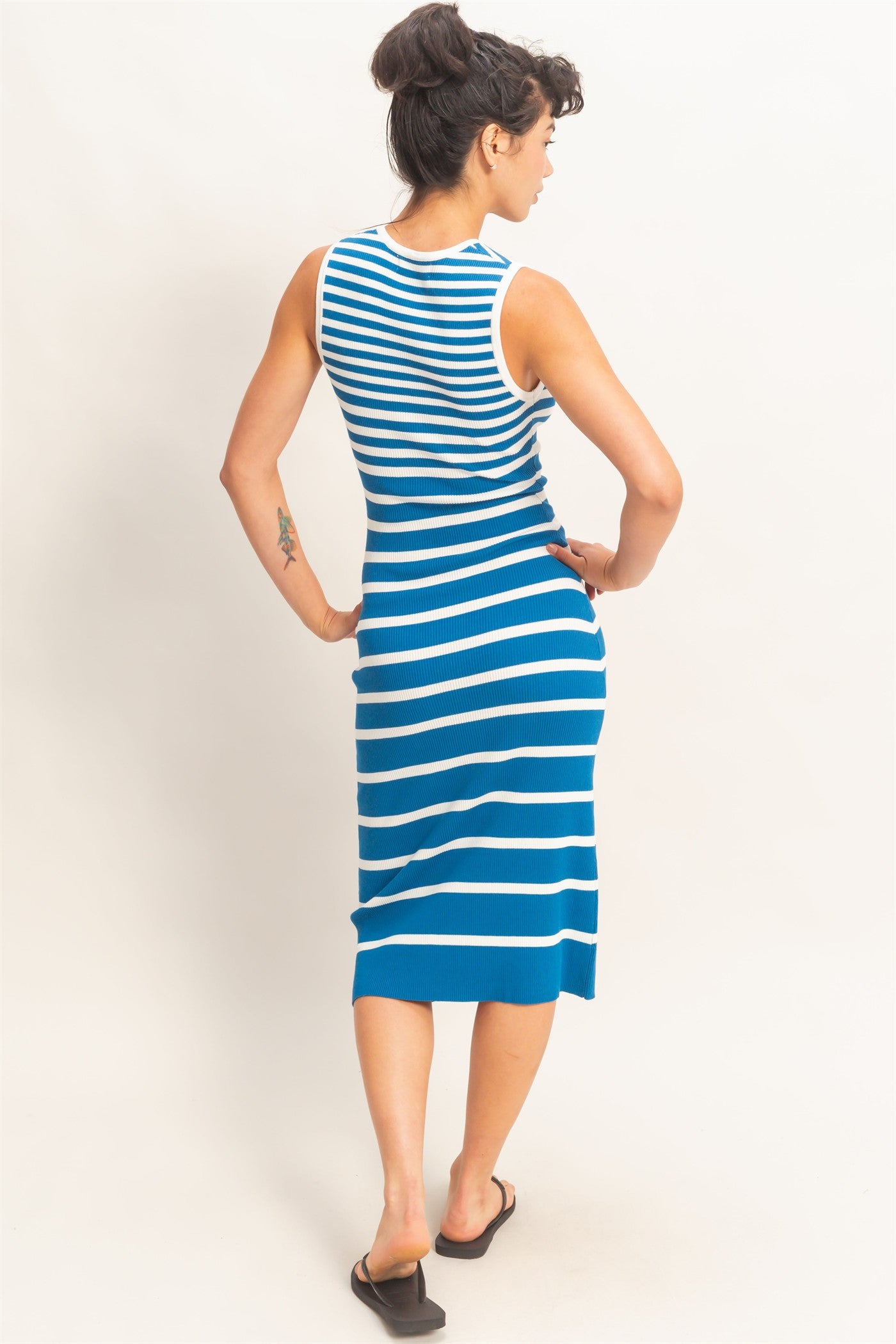 Wholesale Striped Ribbed Tank Midi Dress Dresses DZ26A797 BLUE DOUBLE ZERO
